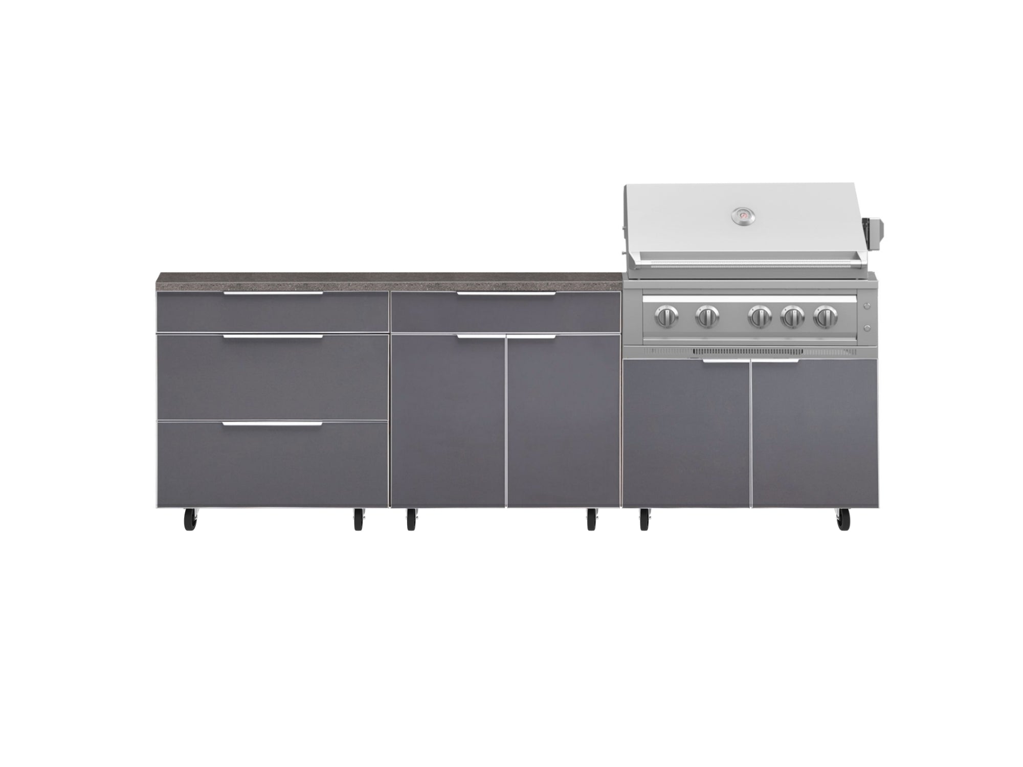 Outdoor Kitchen Aluminum 5 Piece Cabinet Set With Casters and 3 Drawer, Bar, Grill Cabinet, Platinum Grill, Countertop