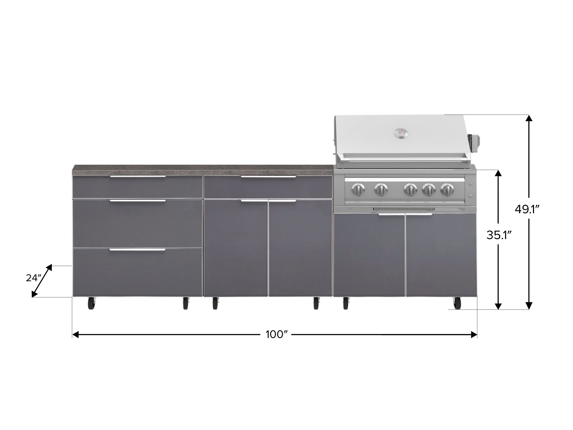 Outdoor Kitchen Aluminum 5 Piece Cabinet Set With Casters and 3 Drawer, Bar, Grill Cabinet, Platinum Grill, Countertop