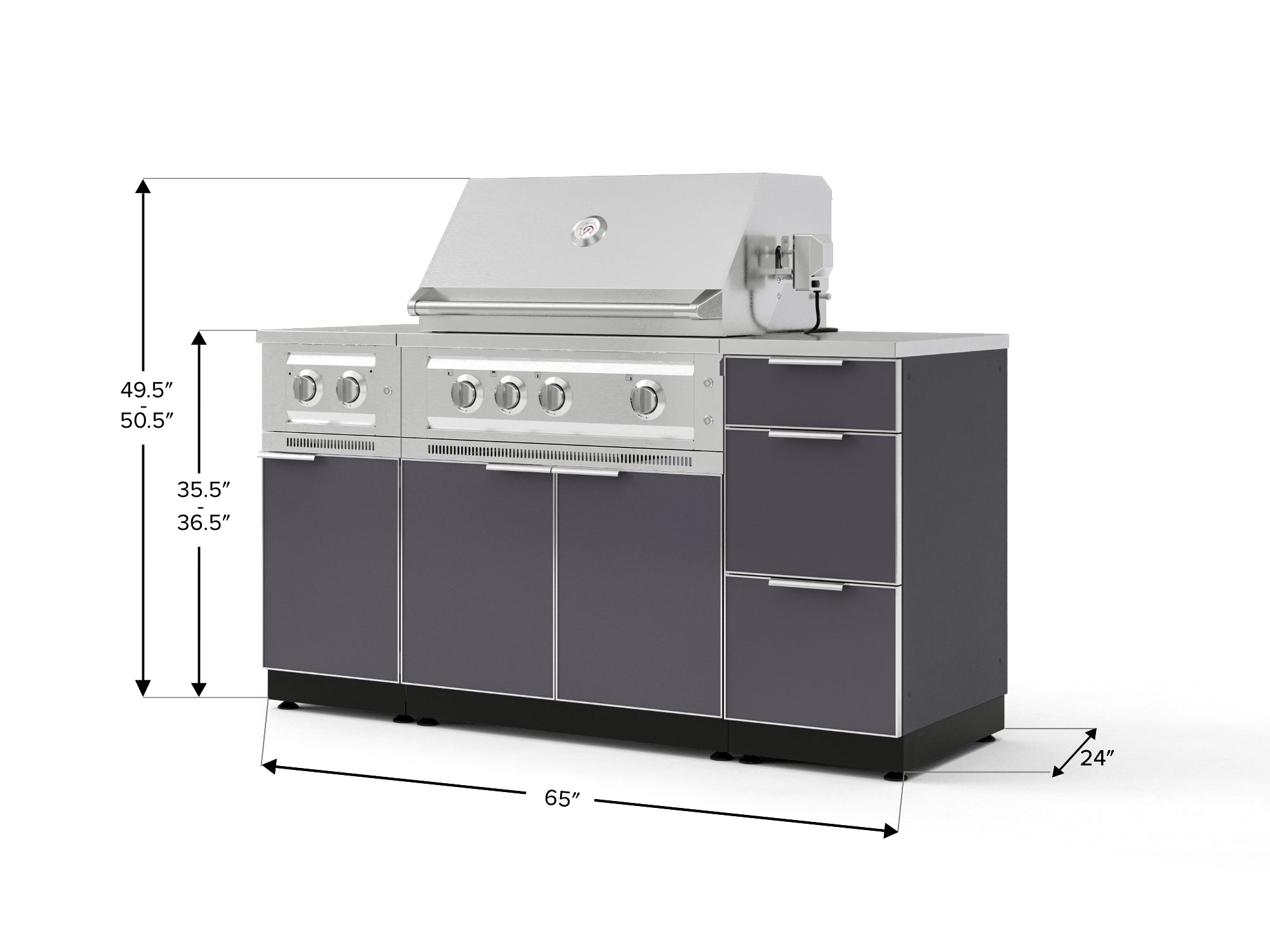 Outdoor Grill Island Aluminum 6 Piece Cabinet Set with 3-Drawer, Grill Cabinet, Platinum Grill, Dual Side Burner and Countertop