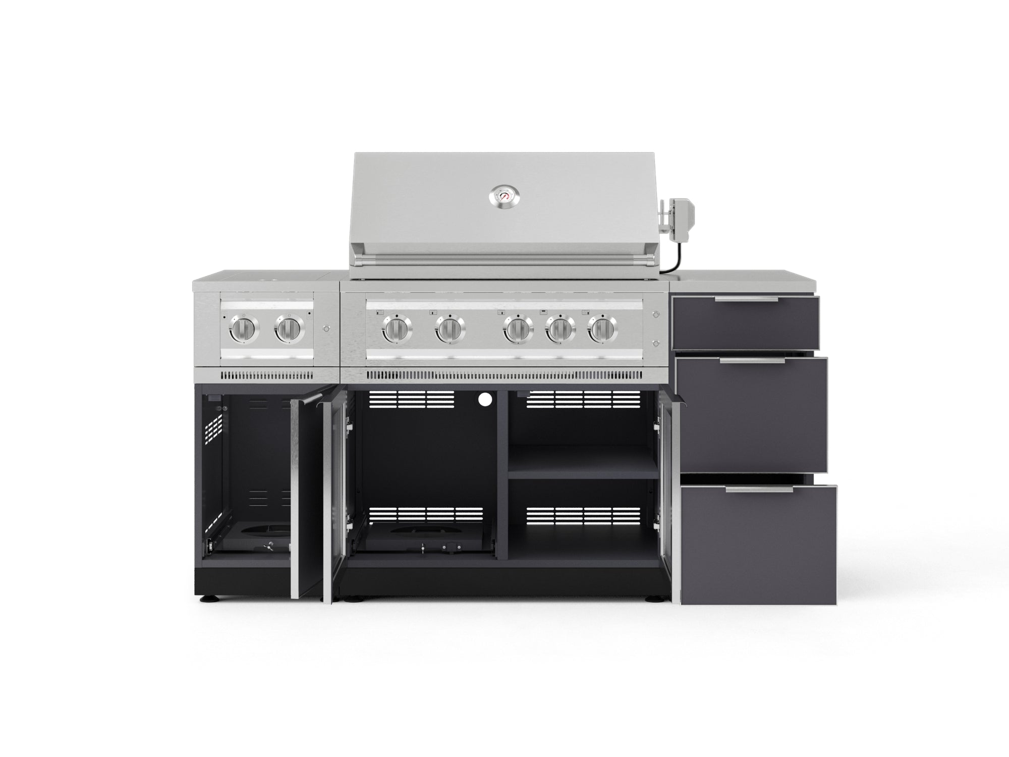 Outdoor Grill Island Aluminum 6 Piece Cabinet Set with 3-Drawer, Grill Cabinet, Platinum Grill, Dual Side Burner and Countertop