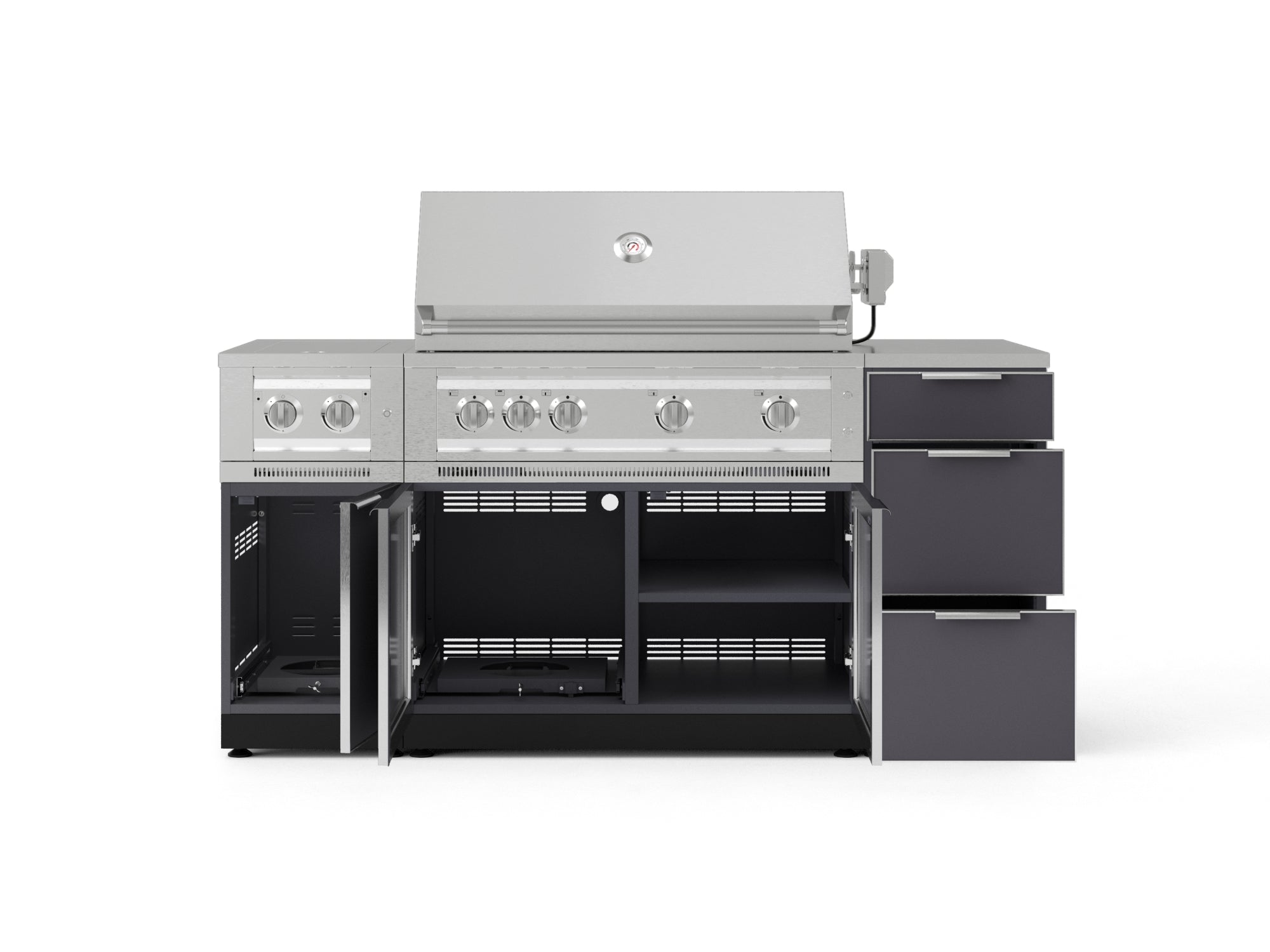 Outdoor Grill Island Aluminum 6 Piece Cabinet Set with 3-Drawer, Grill Cabinet, Platinum Grill, Dual Side Burner and Countertop