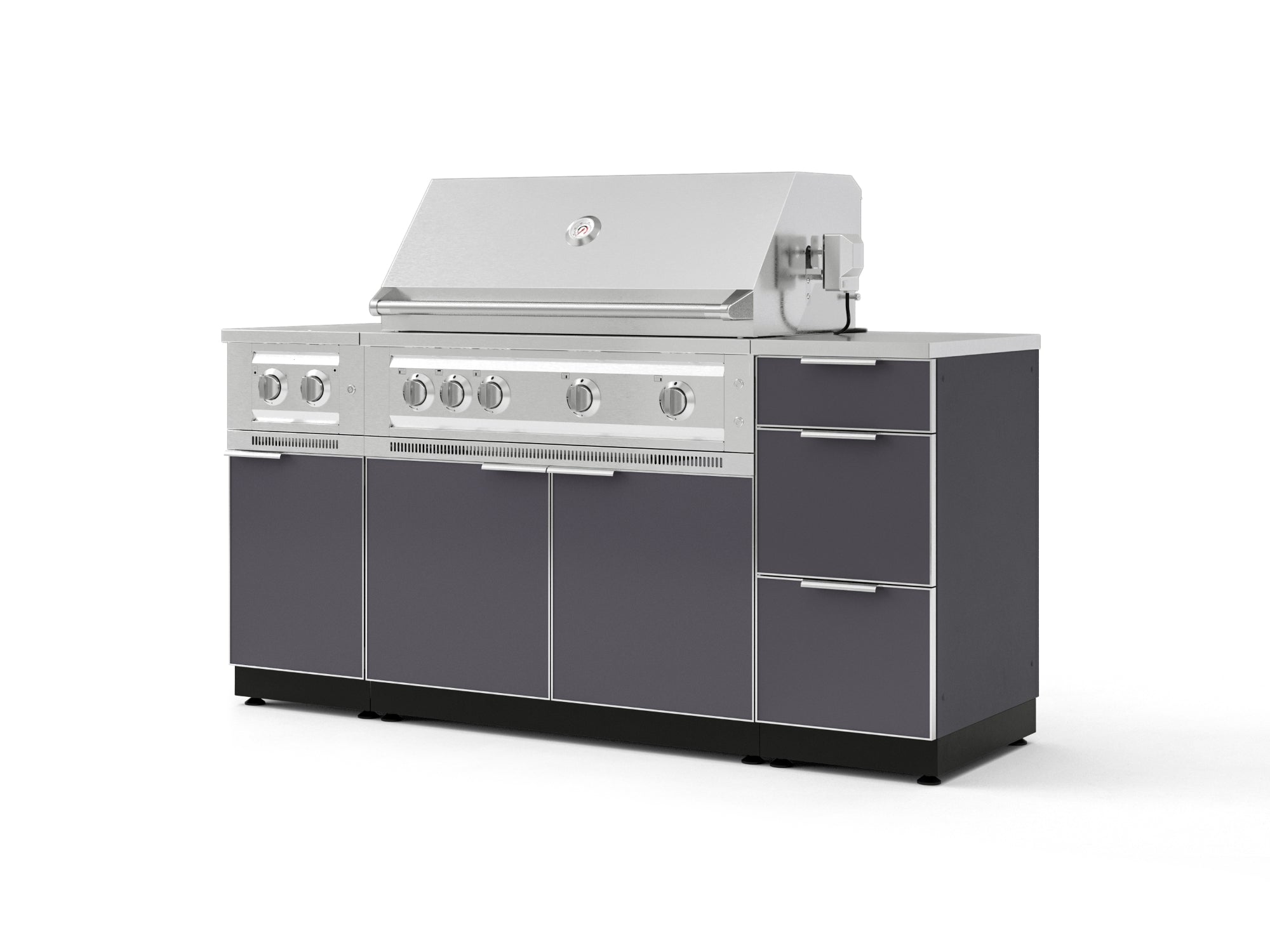 Outdoor Grill Island Aluminum 6 Piece Cabinet Set with 3-Drawer, Grill Cabinet, Platinum Grill, Dual Side Burner and Countertop