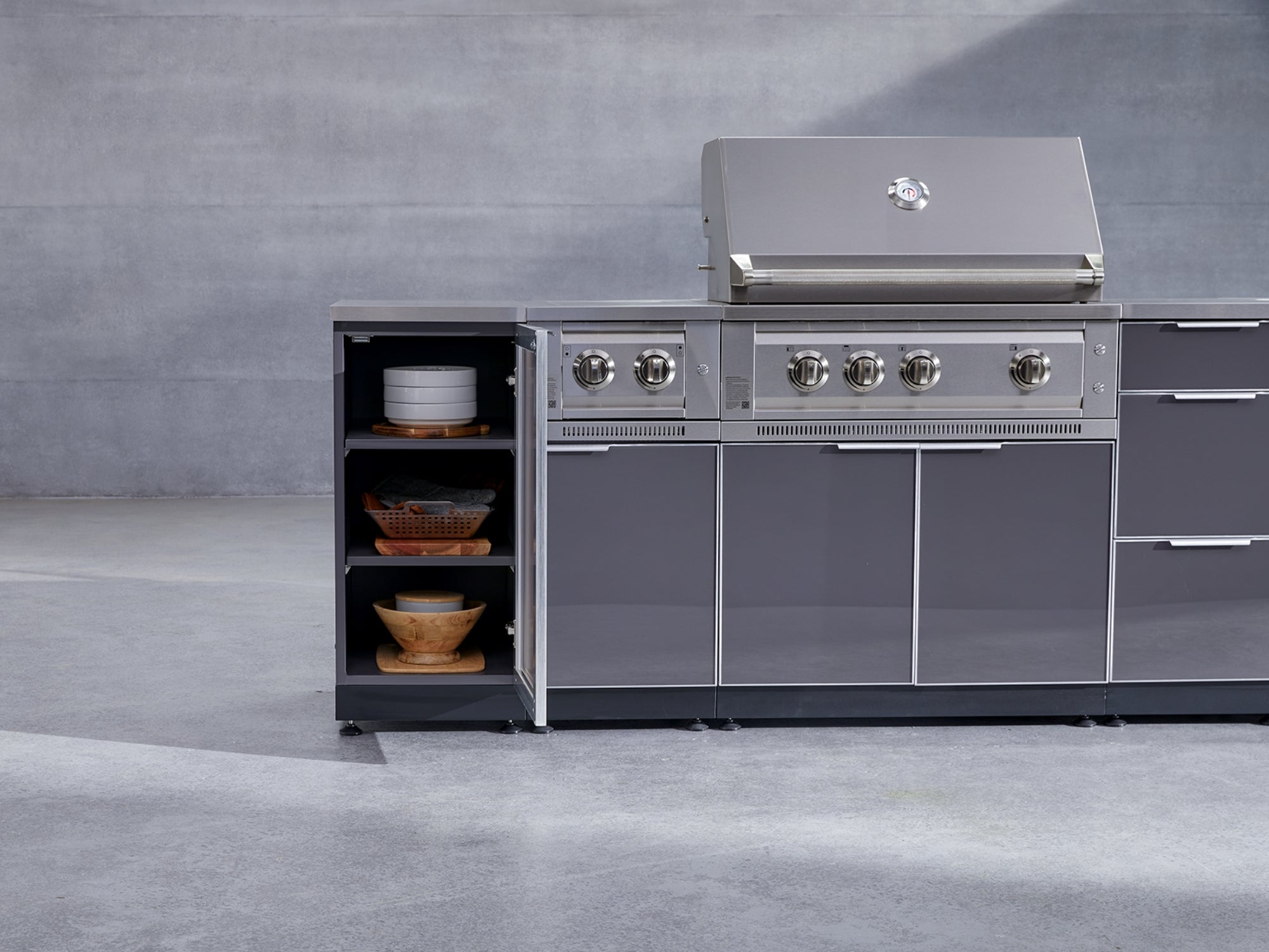 Outdoor Grill Island Aluminum 6 Piece Cabinet Set with 1-Door, Grill Cabinet, Platinum Grill, Dual Side Burner and Countertop