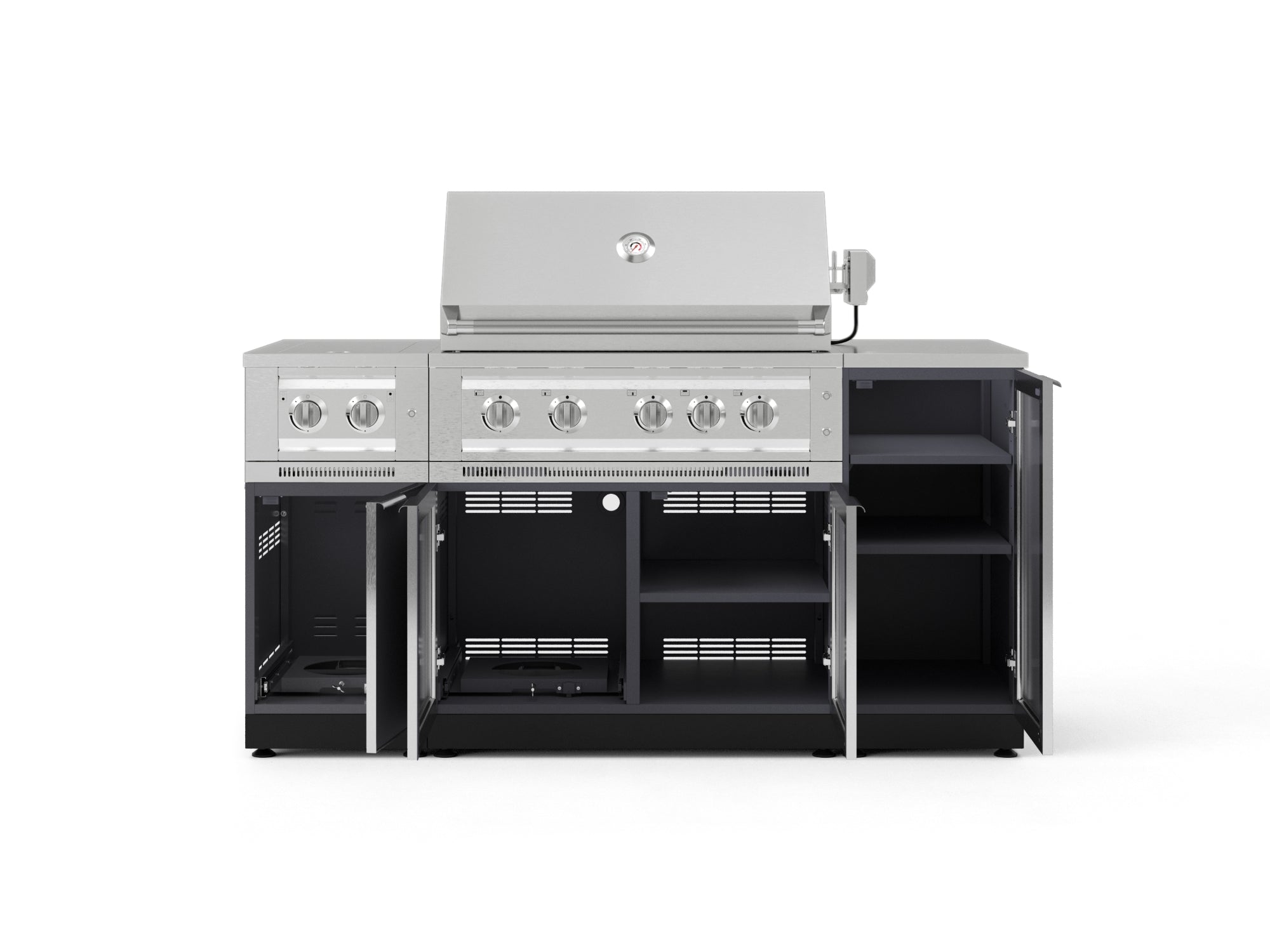 Outdoor Grill Island Aluminum 6 Piece Cabinet Set with 1-Door, Grill Cabinet, Platinum Grill, Dual Side Burner and Countertop