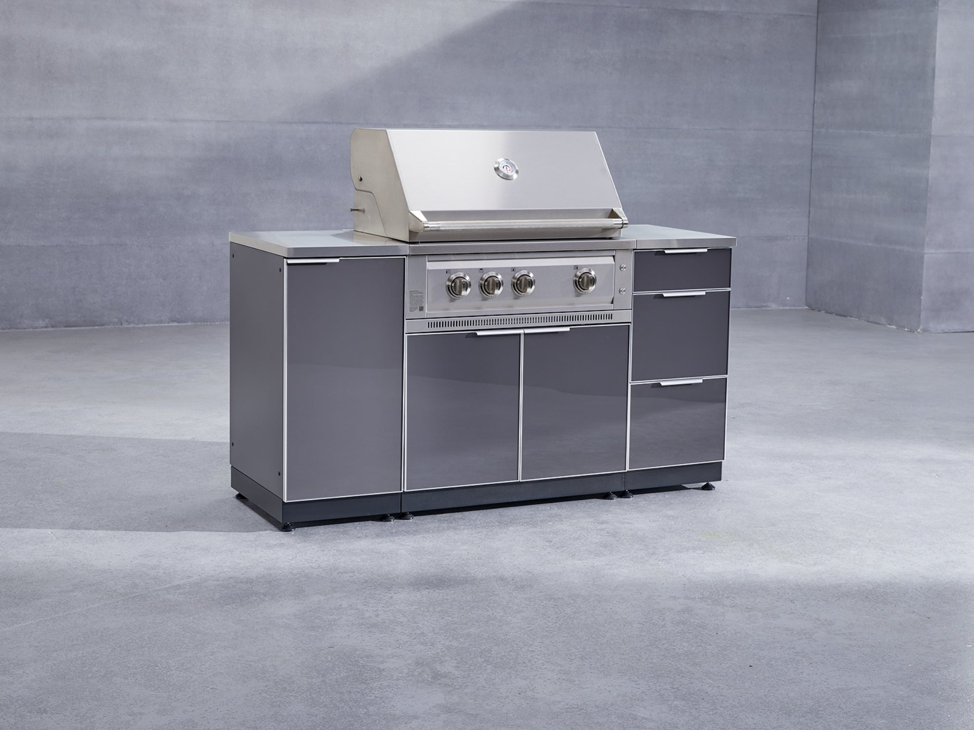 Outdoor Grill Island Aluminum 6 Piece Cabinet Set with 1-Door, Grill Cabinet, Platinum Grill, Dual Side Burner and Countertop