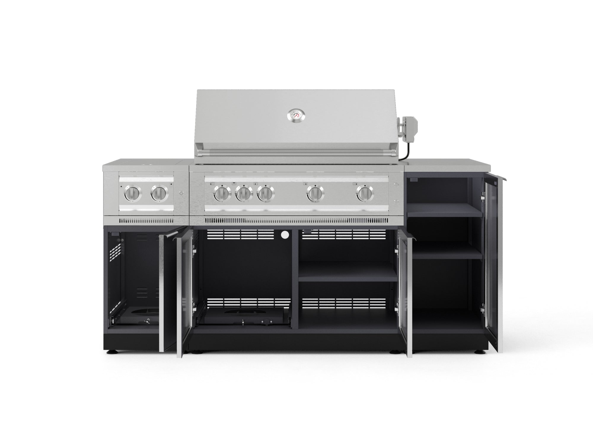 Outdoor Grill Island Aluminum 6 Piece Cabinet Set with 1-Door, Grill Cabinet, Platinum Grill, Dual Side Burner and Countertop