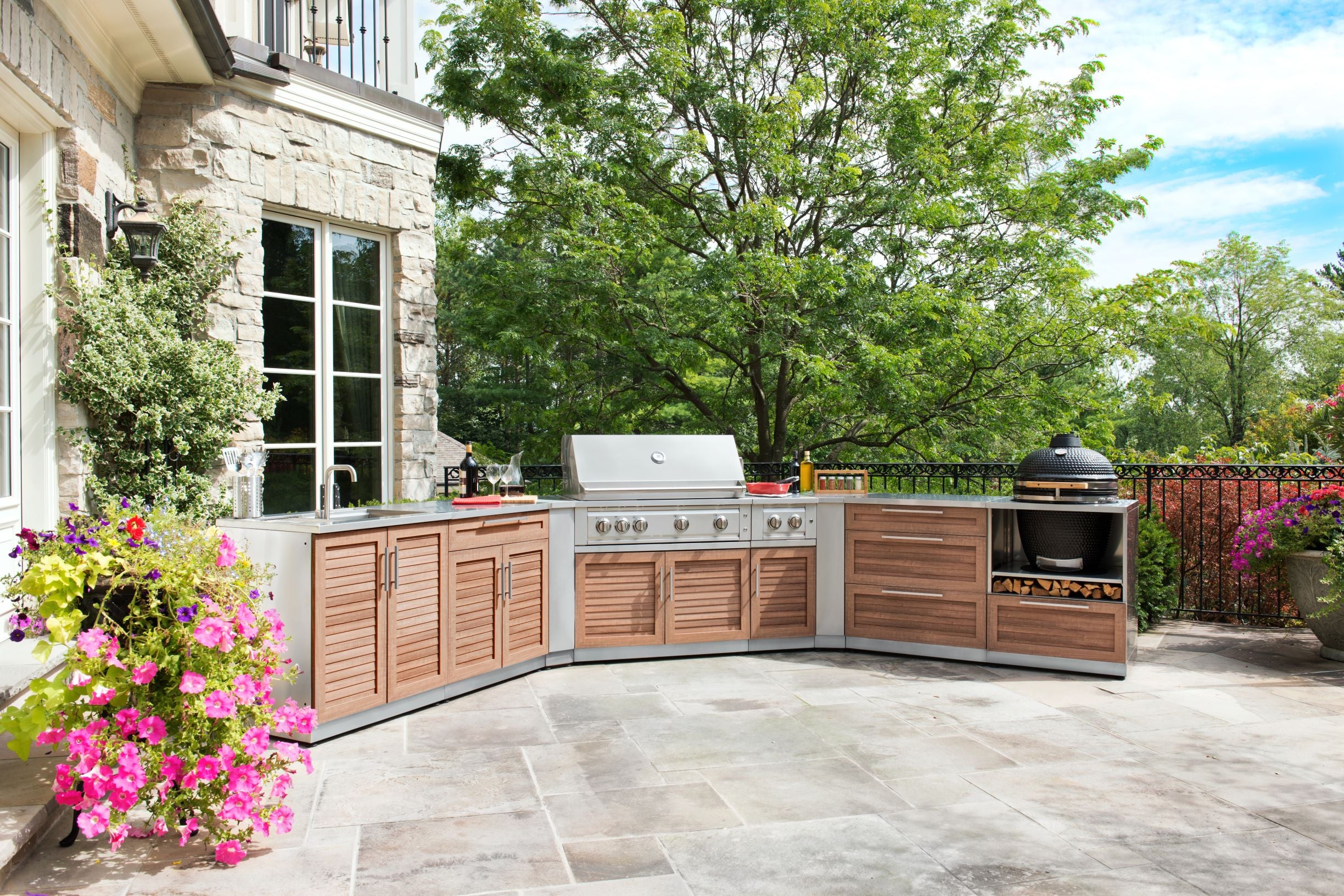 Outdoor Kitchen Stainless Steel Louvered Doors 6 Piece Cabinet Set with Sink, 3-Drawer, 2-Door and Wall Cabinets