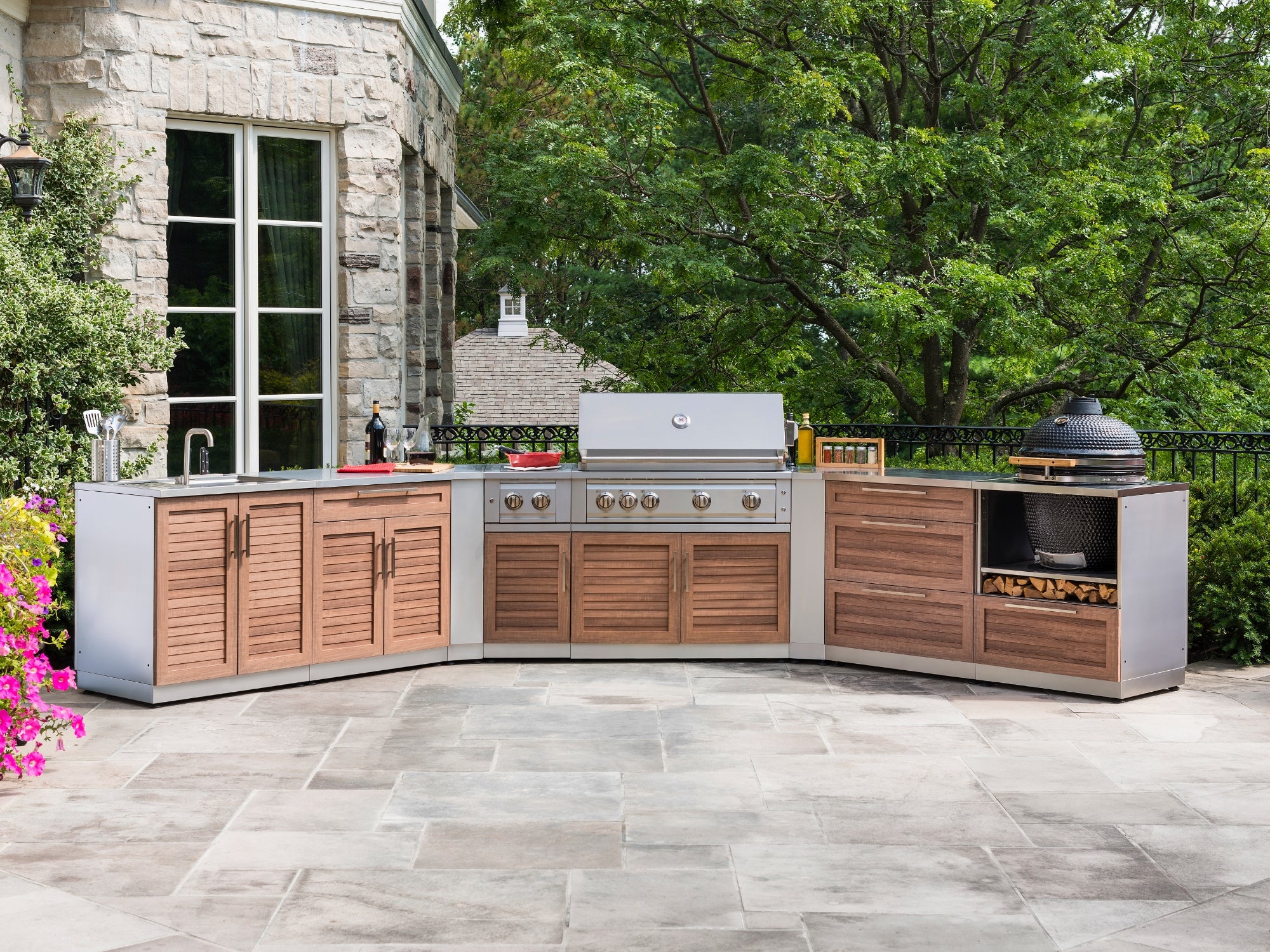 Outdoor Kitchen Stainless Steel Louvered Doors 4 Piece Cabinet Set with 2 Door, Grill Cabinet, Platinum Grill and Countertop