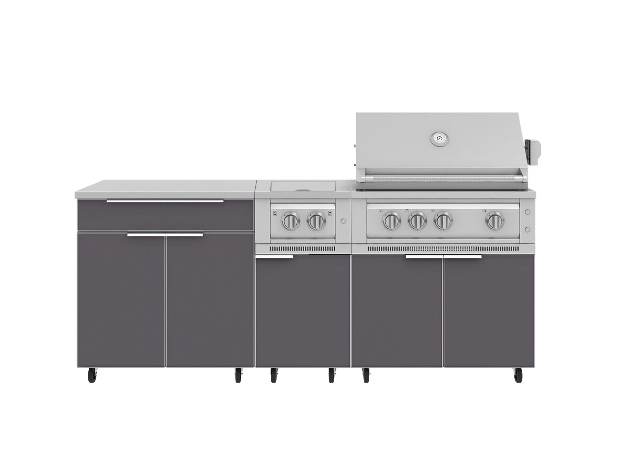 Outdoor Kitchen Aluminum 6 Piece Cabinet Set with Casters and Platinum Grill, Dual Side Burner, Bar, Grill Cabinet, Countertop
