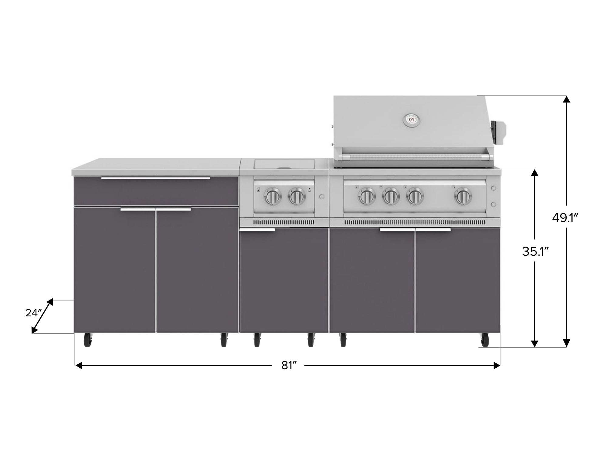 Outdoor Kitchen Aluminum 6 Piece Cabinet Set with Casters and Platinum Grill, Dual Side Burner, Bar, Grill Cabinet, Countertop