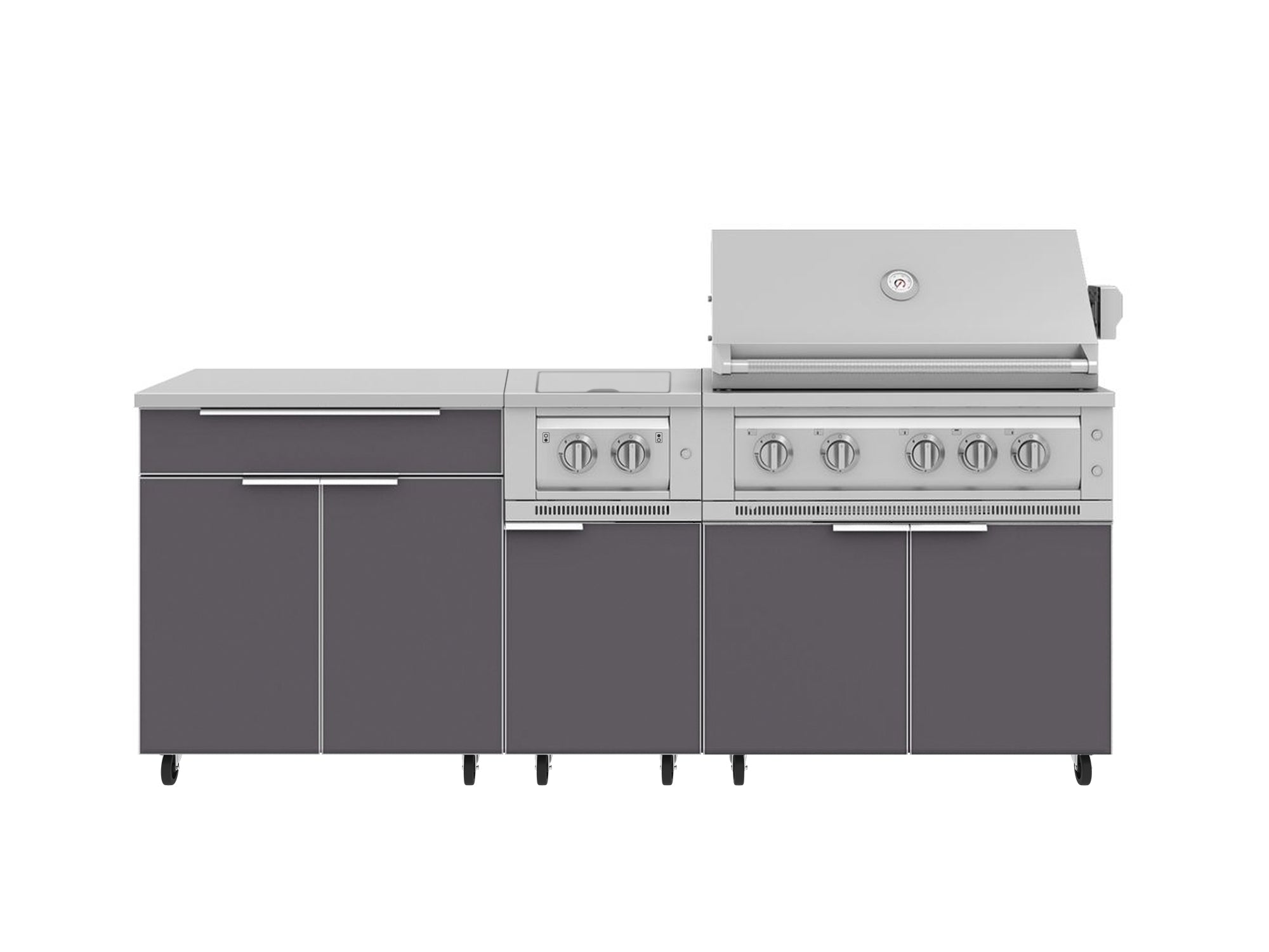 Outdoor Kitchen Aluminum 6 Piece Cabinet Set with Casters and Platinum Grill, Dual Side Burner, Bar, Grill Cabinet, Countertop
