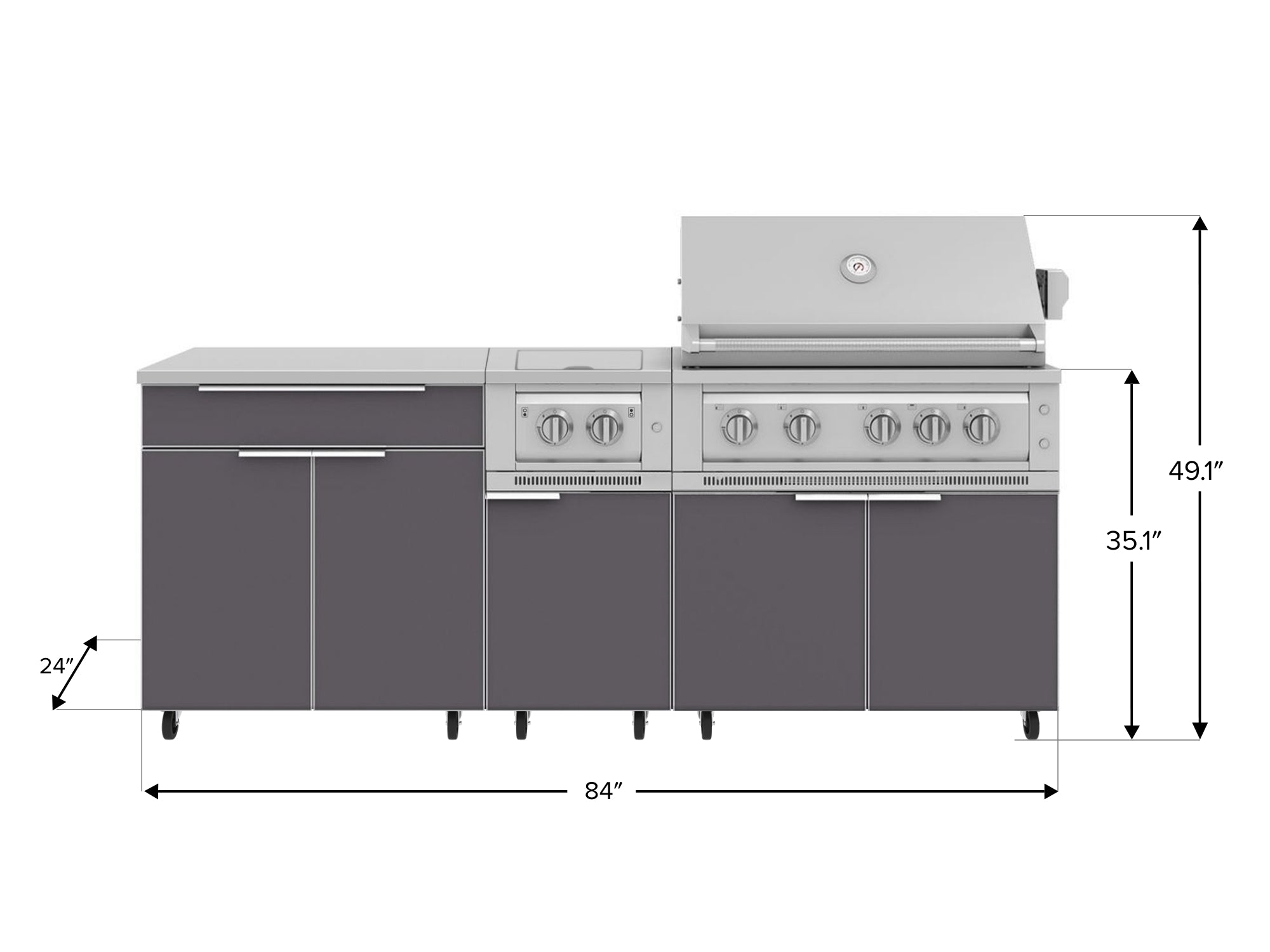 Outdoor Kitchen Aluminum 6 Piece Cabinet Set with Casters and Platinum Grill, Dual Side Burner, Bar, Grill Cabinet, Countertop