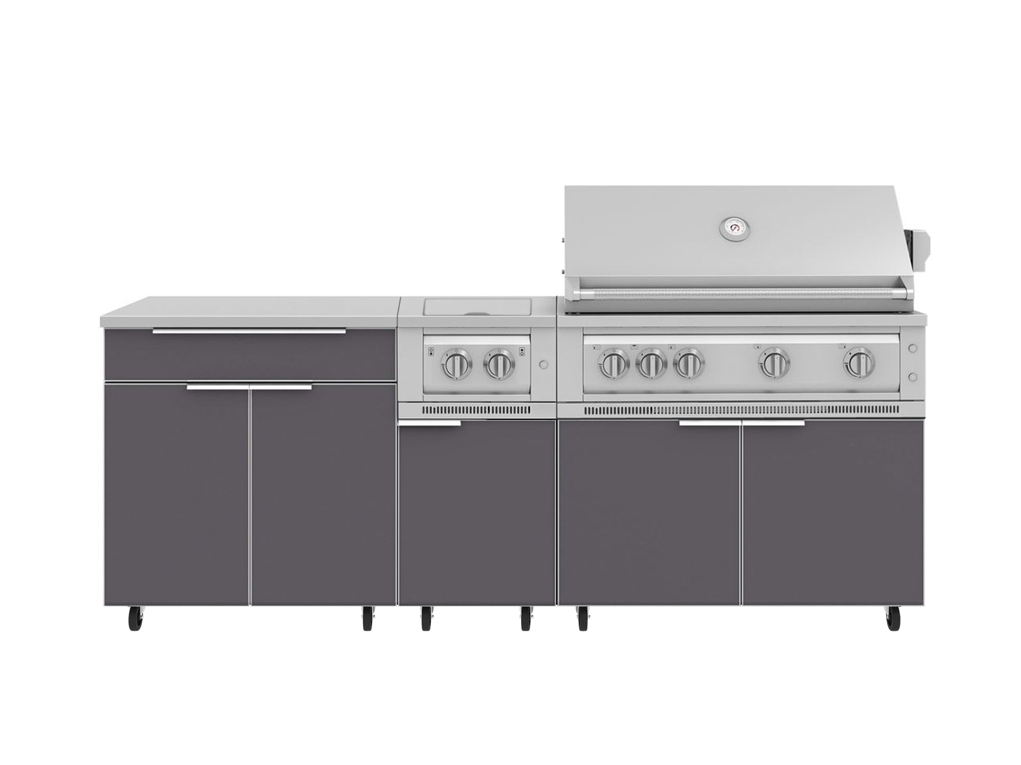 Outdoor Kitchen Aluminum 6 Piece Cabinet Set with Casters and Platinum Grill, Dual Side Burner, Bar, Grill Cabinet, Countertop