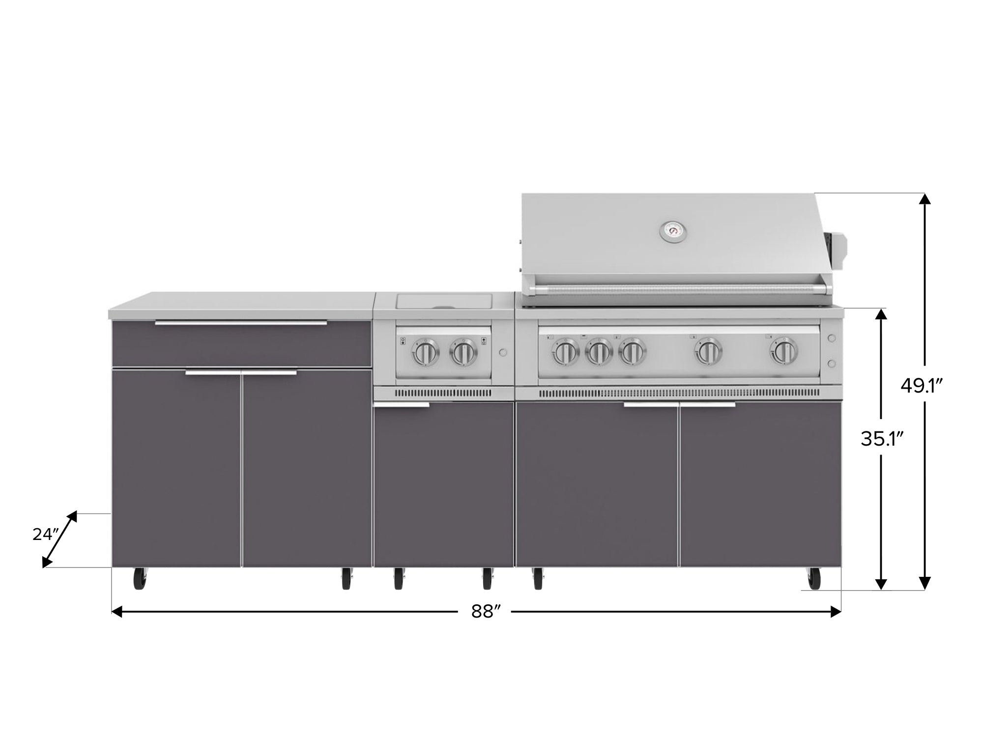 Outdoor Kitchen Aluminum 6 Piece Cabinet Set with Casters and Platinum Grill, Dual Side Burner, Bar, Grill Cabinet, Countertop
