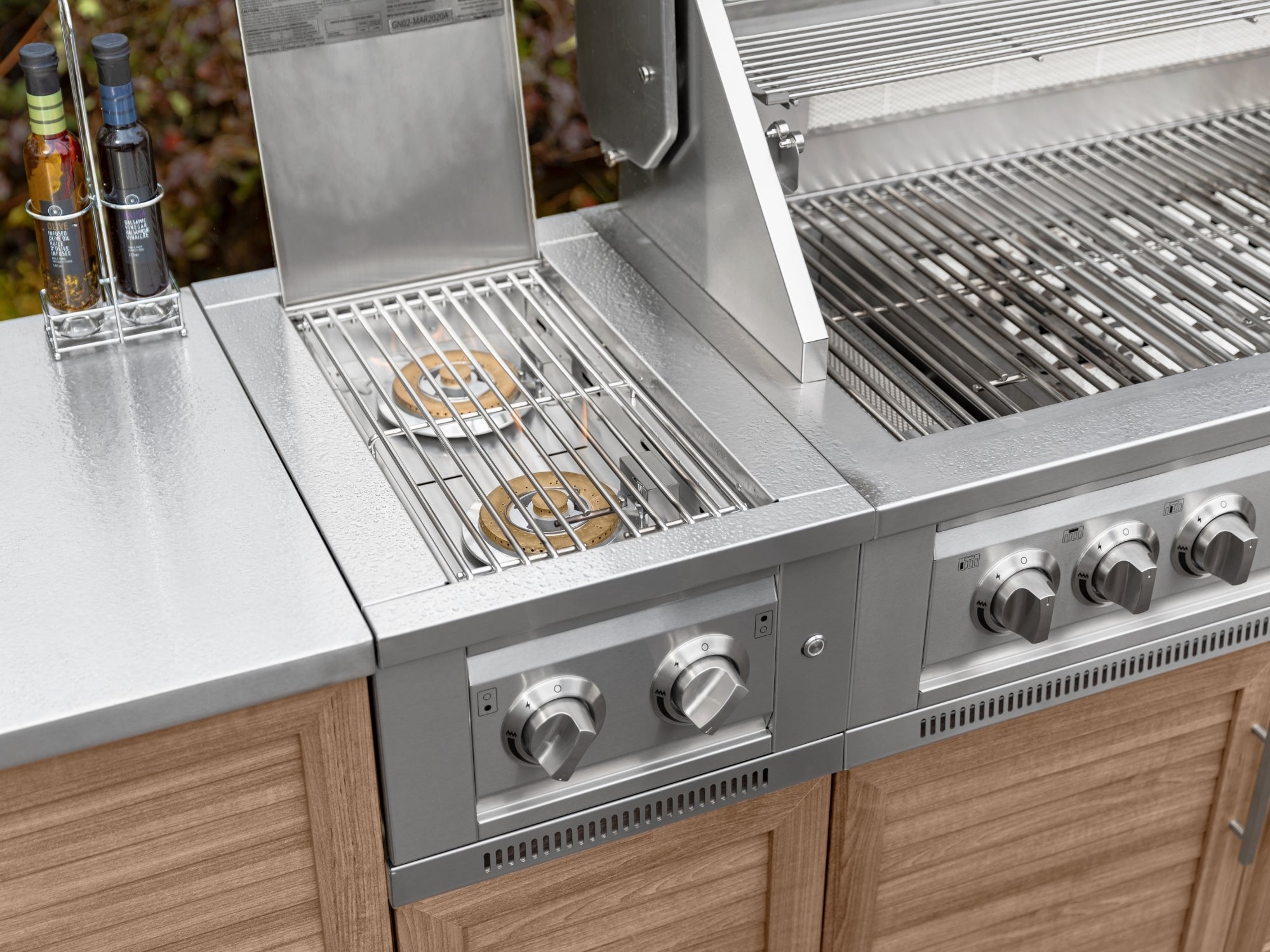 Outdoor Kitchen Aluminum 6 Piece Cabinet Set with Casters and Platinum Grill, Dual Side Burner, Bar, Grill Cabinet, Countertop