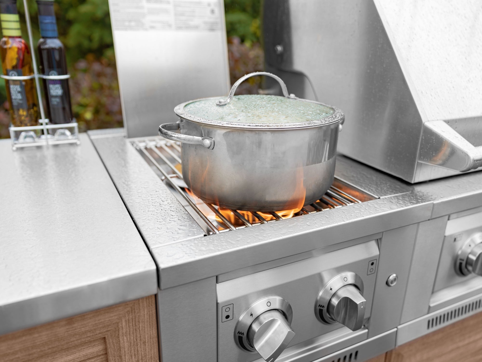 Outdoor Kitchen Aluminum 6 Piece Cabinet Set with Casters and Platinum Grill, Dual Side Burner, Bar, Grill Cabinet, Countertop