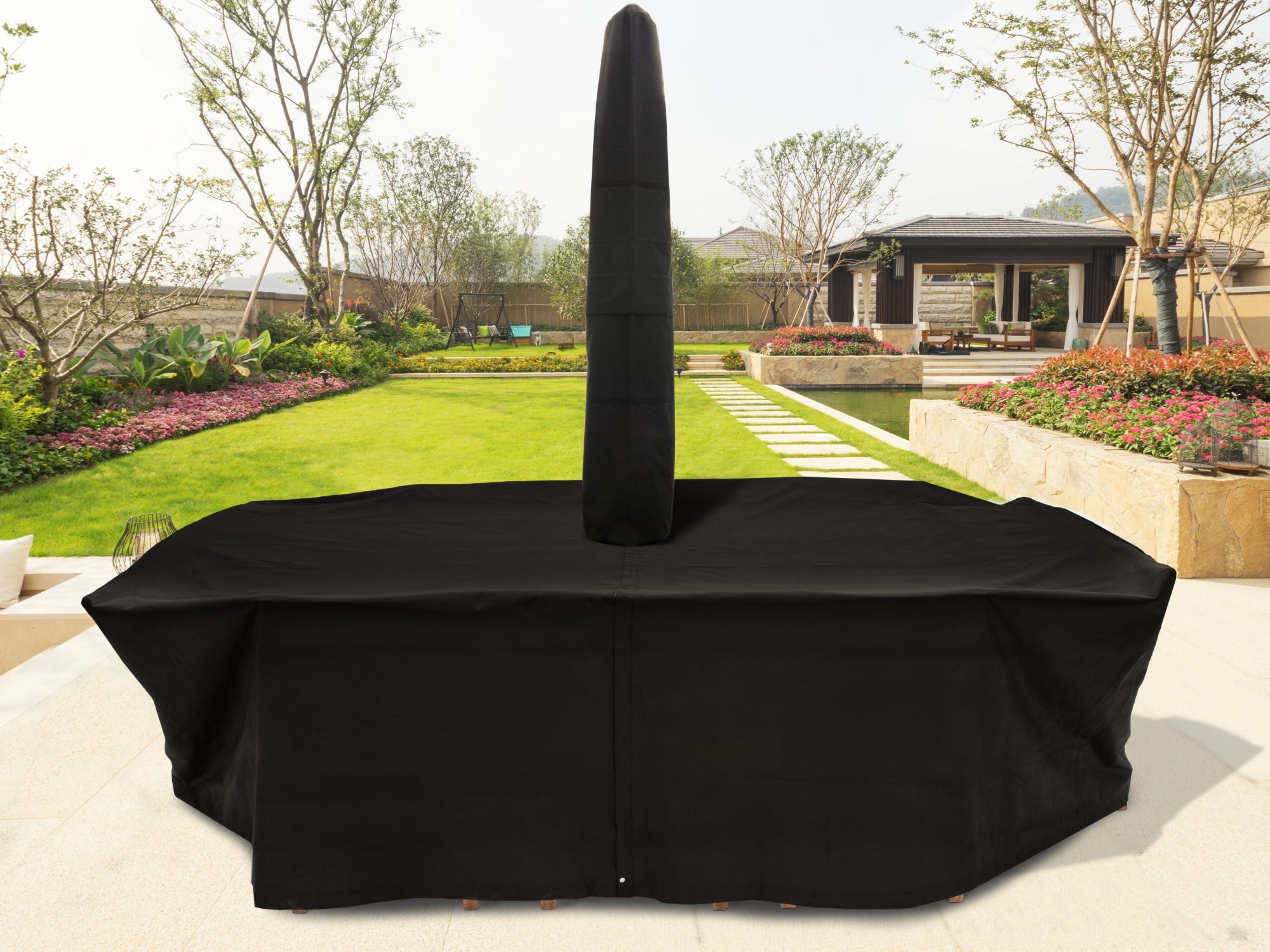 Outdoor Furniture Cover Bundle With 1 & 2 Seater Main Panel, Right/ Left Side Panel, Square Ottoman/Coffee Table, and Side Table Covers