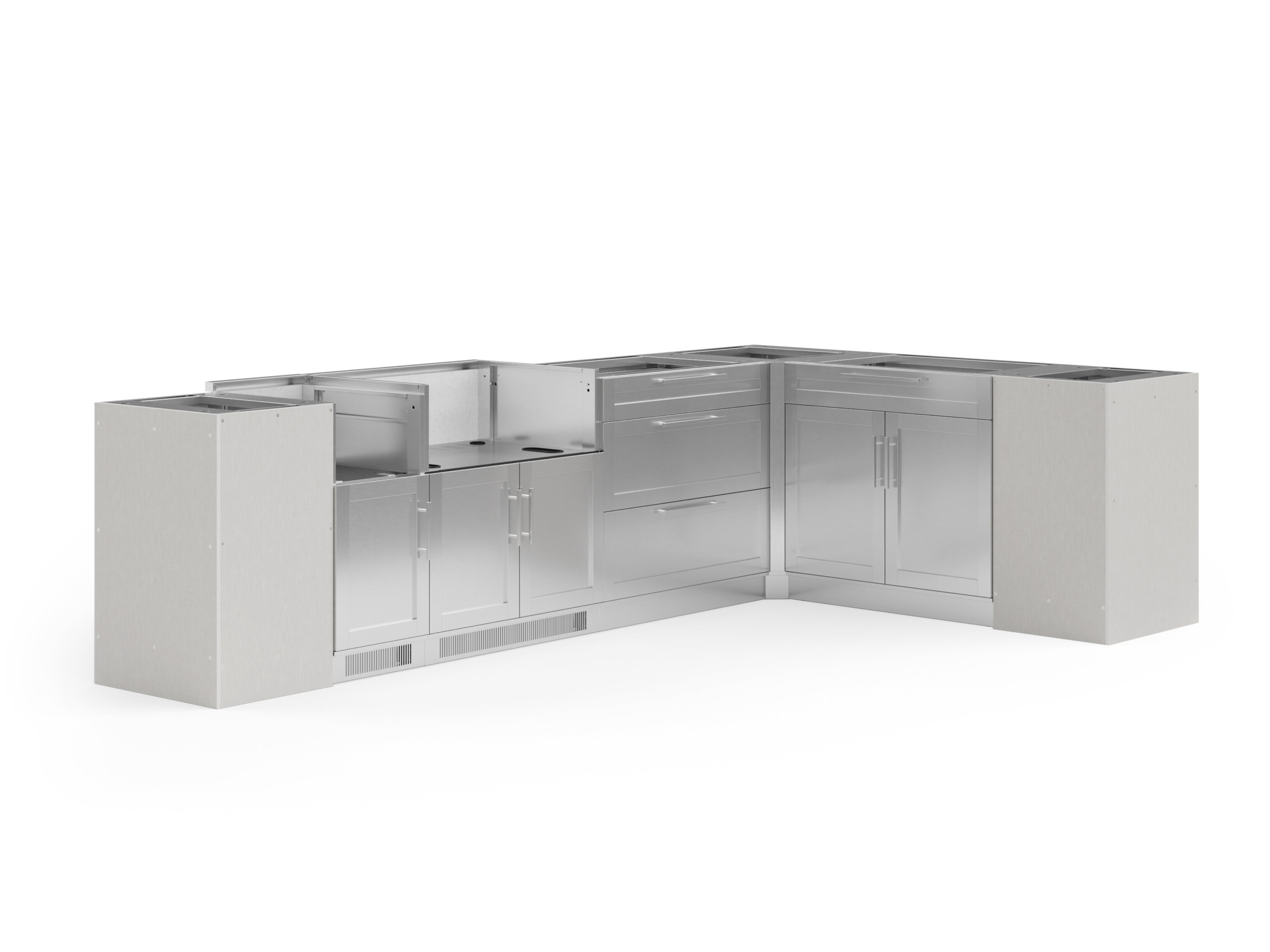 Outdoor Kitchen Signature Series 8 Piece L Shape Cabinet Set with Dual Side Burner, Bar 2 Door and Grill Cabinet