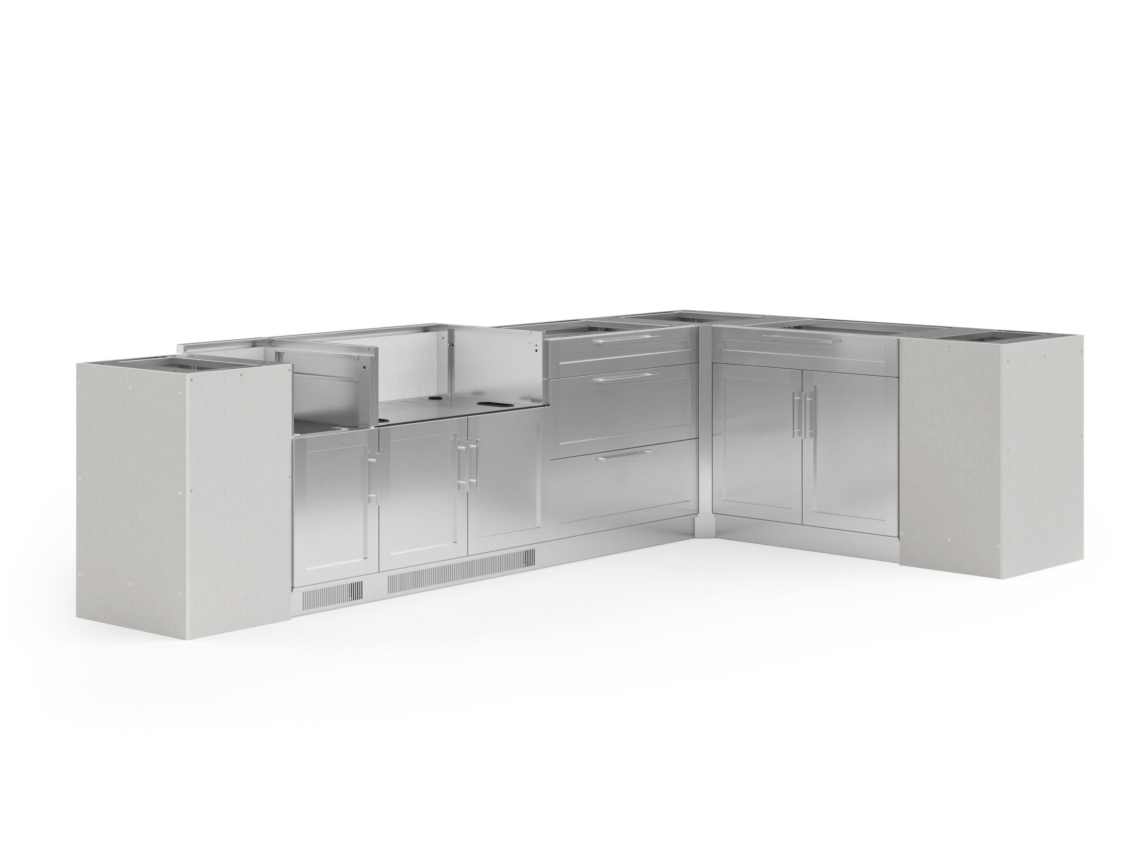 Outdoor Kitchen Signature Series 8 Piece L Shape Cabinet Set with Dual Side Burner, Bar 2 Door and Grill Cabinet