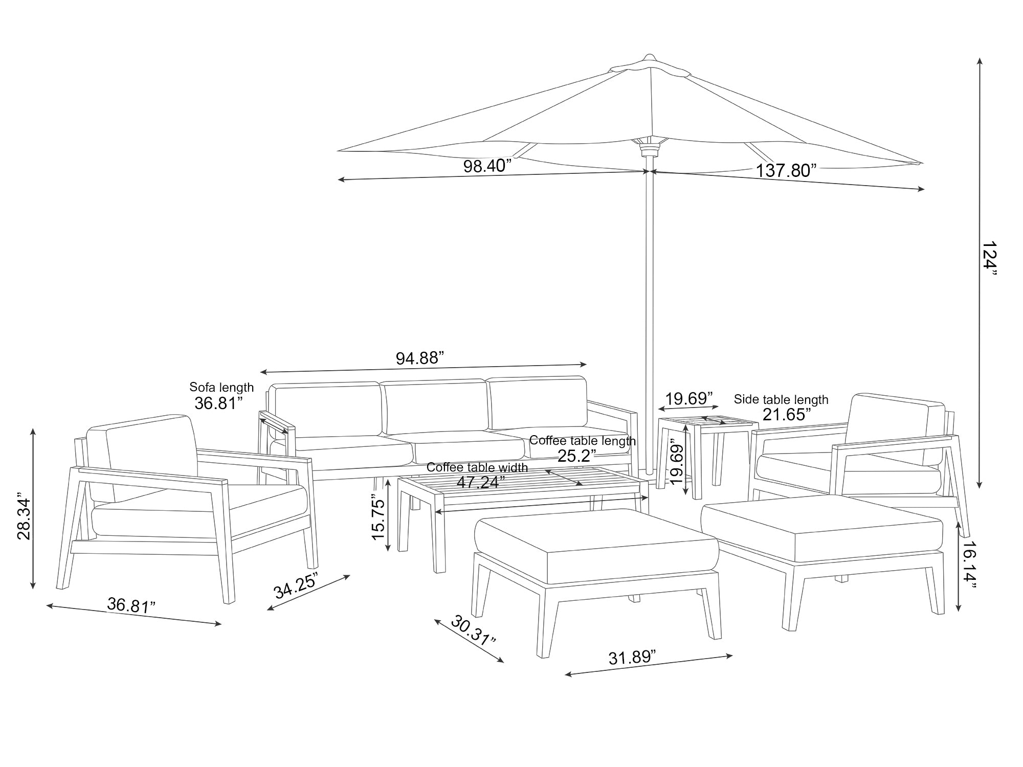 Rhodes 7 Seater Chat Set with Coffee Table, Side Table and Umbrella