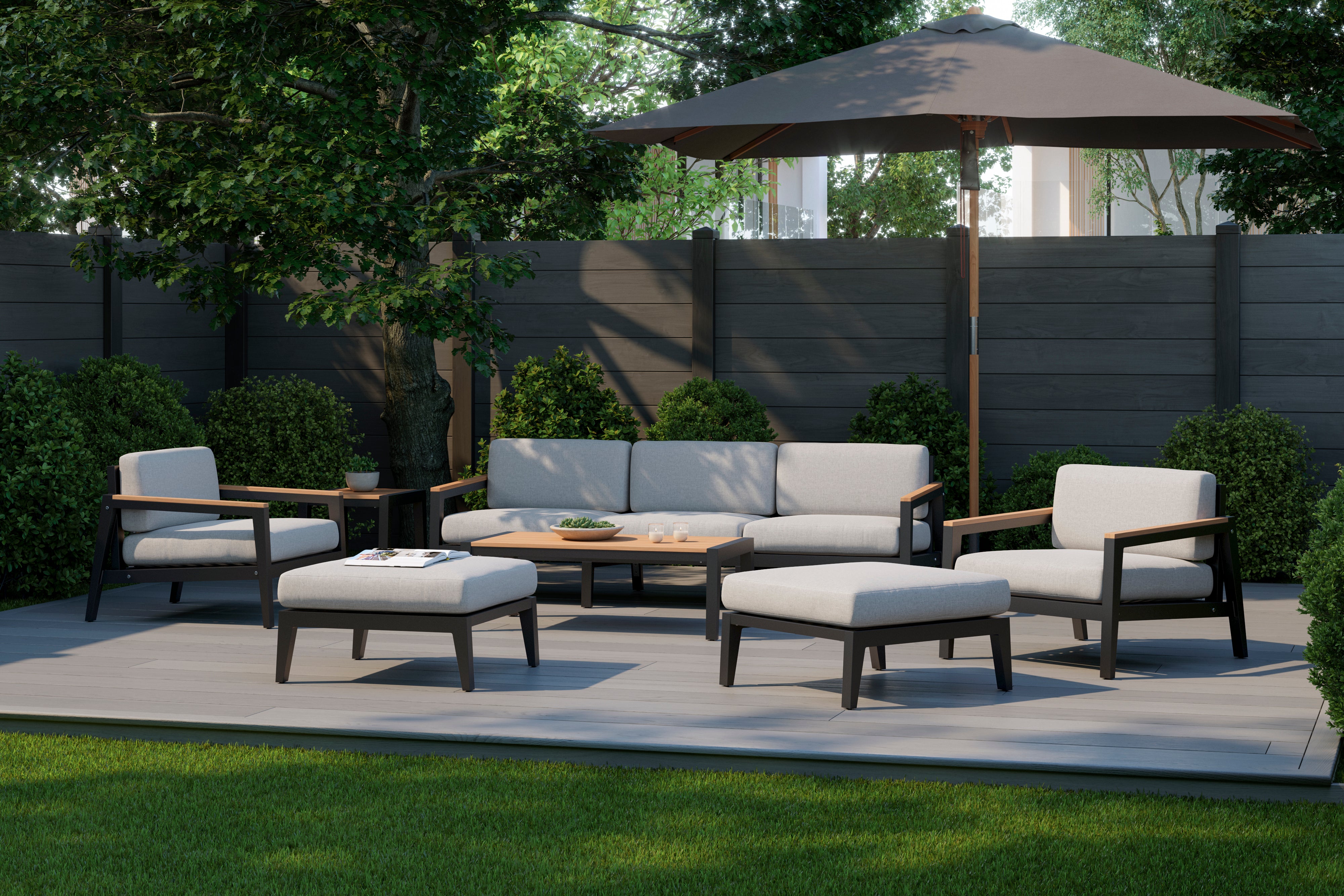 Rhodes 7 Seater Chat Set with Coffee Table, Side Table and Umbrella