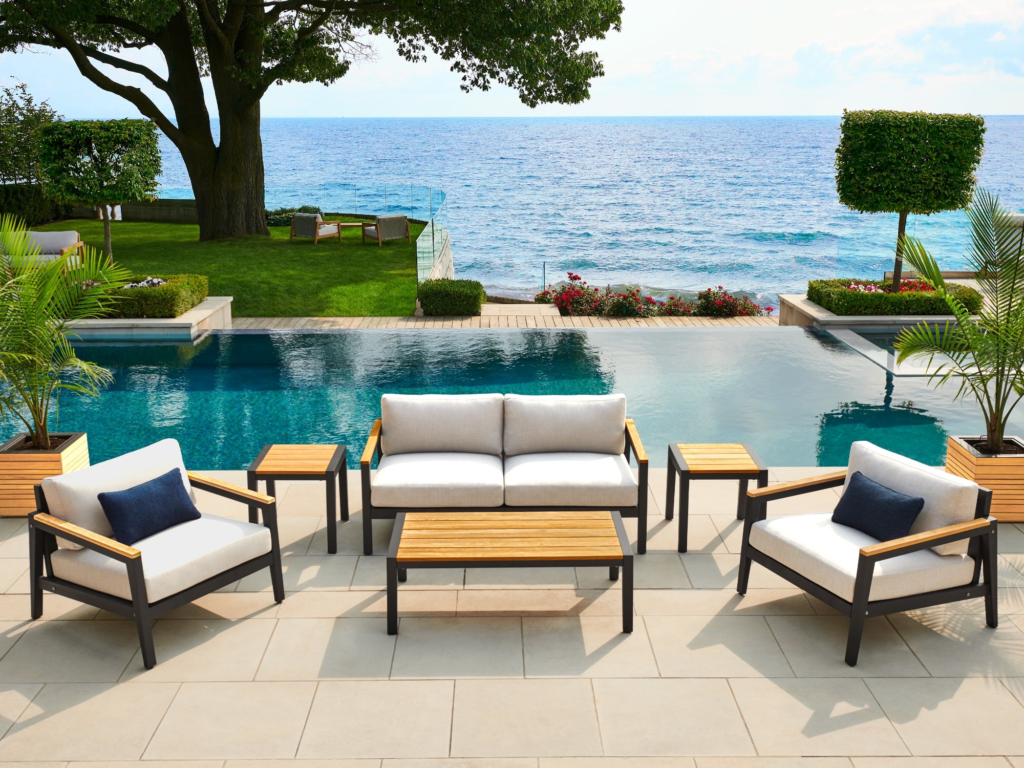 Rhodes 7 Seater Chat Set with Coffee Table, Side Table and Umbrella