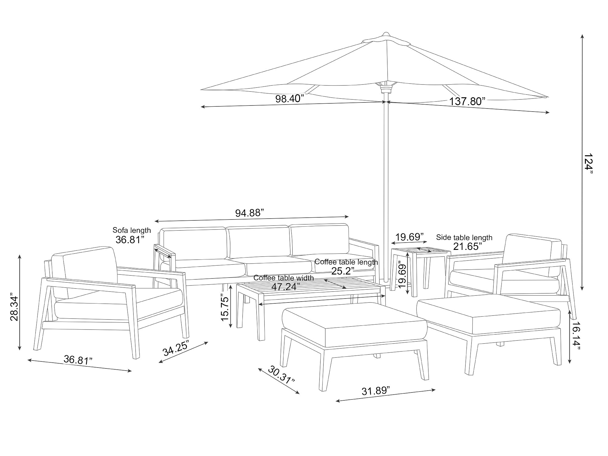 Lakeside 7 Seater Chat Set with Coffee Table, Side Table and Umbrella