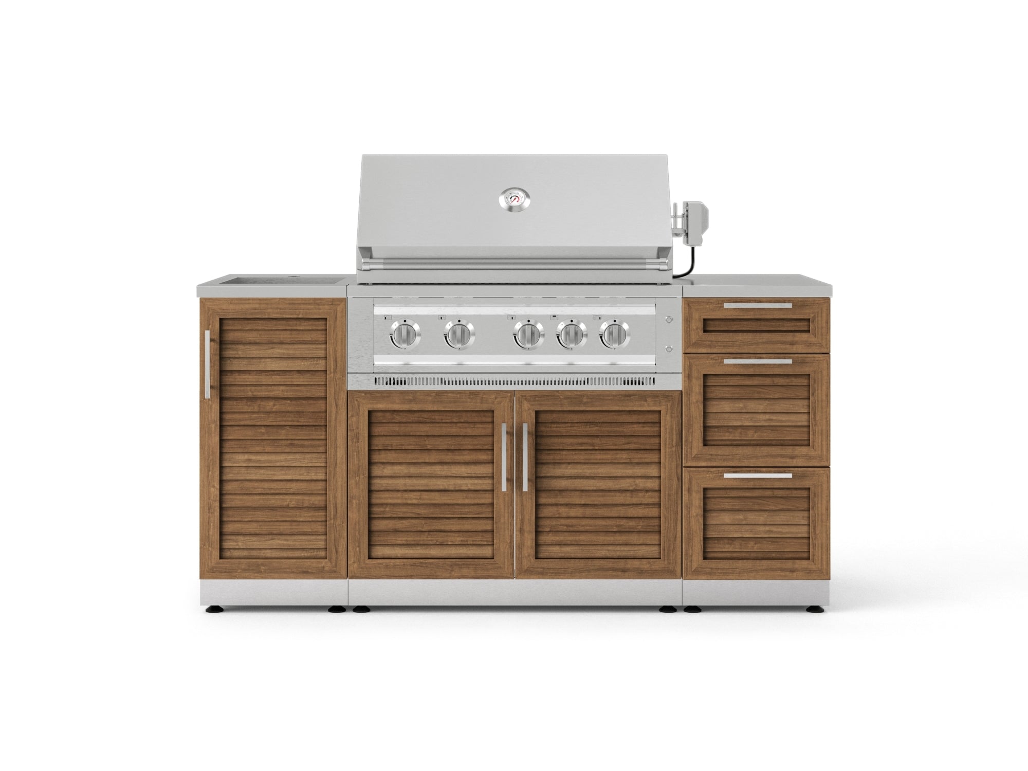 Outdoor Grill Island Stainless-Steel Louvered 5 Piece Cabinet Set with Sink, 3 Drawer, Grill Cabinet, Platinum Grill and Countertop