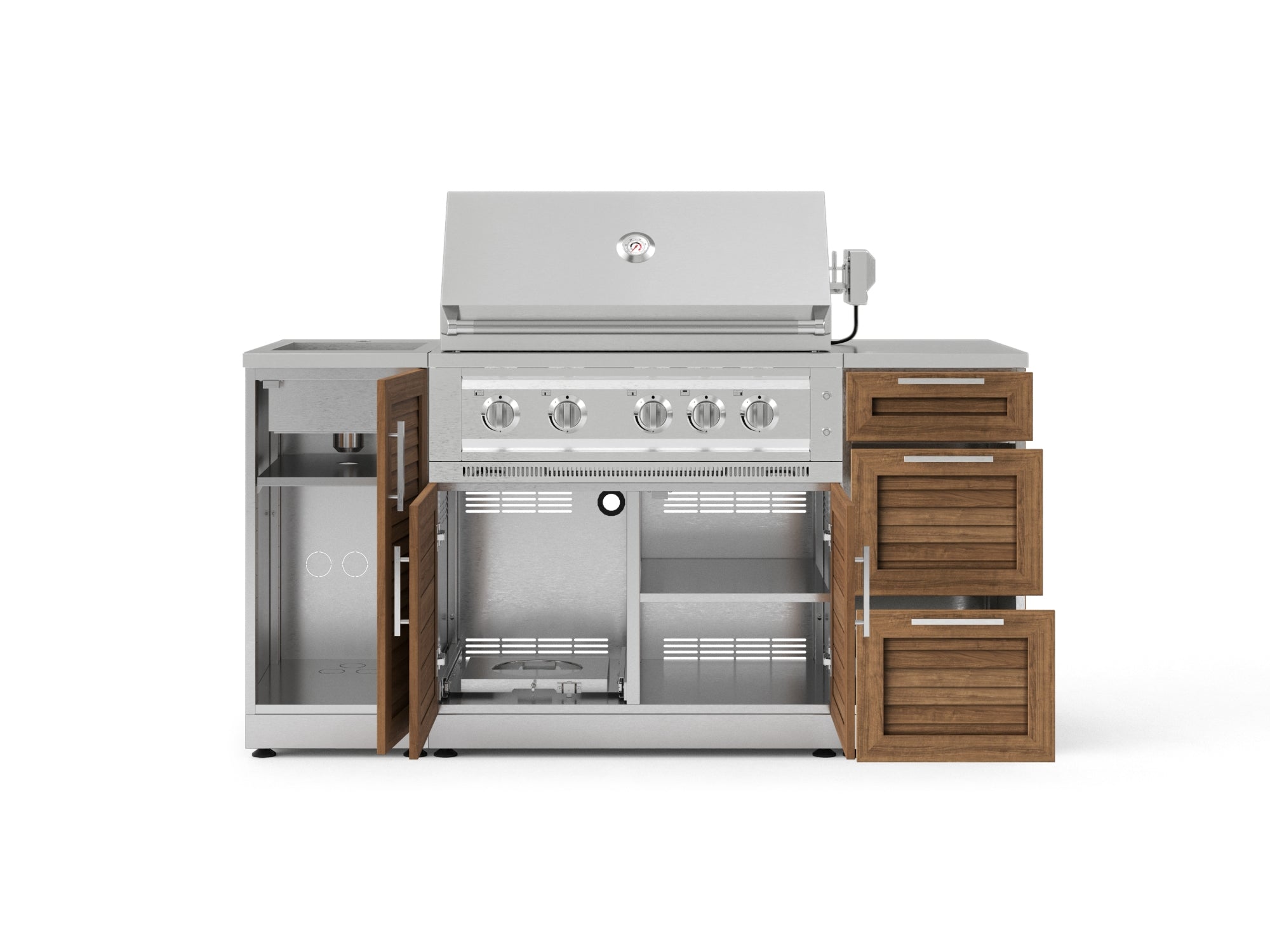 Outdoor Grill Island Stainless-Steel Louvered 5 Piece Cabinet Set with Sink, 3 Drawer, Grill Cabinet, Platinum Grill and Countertop