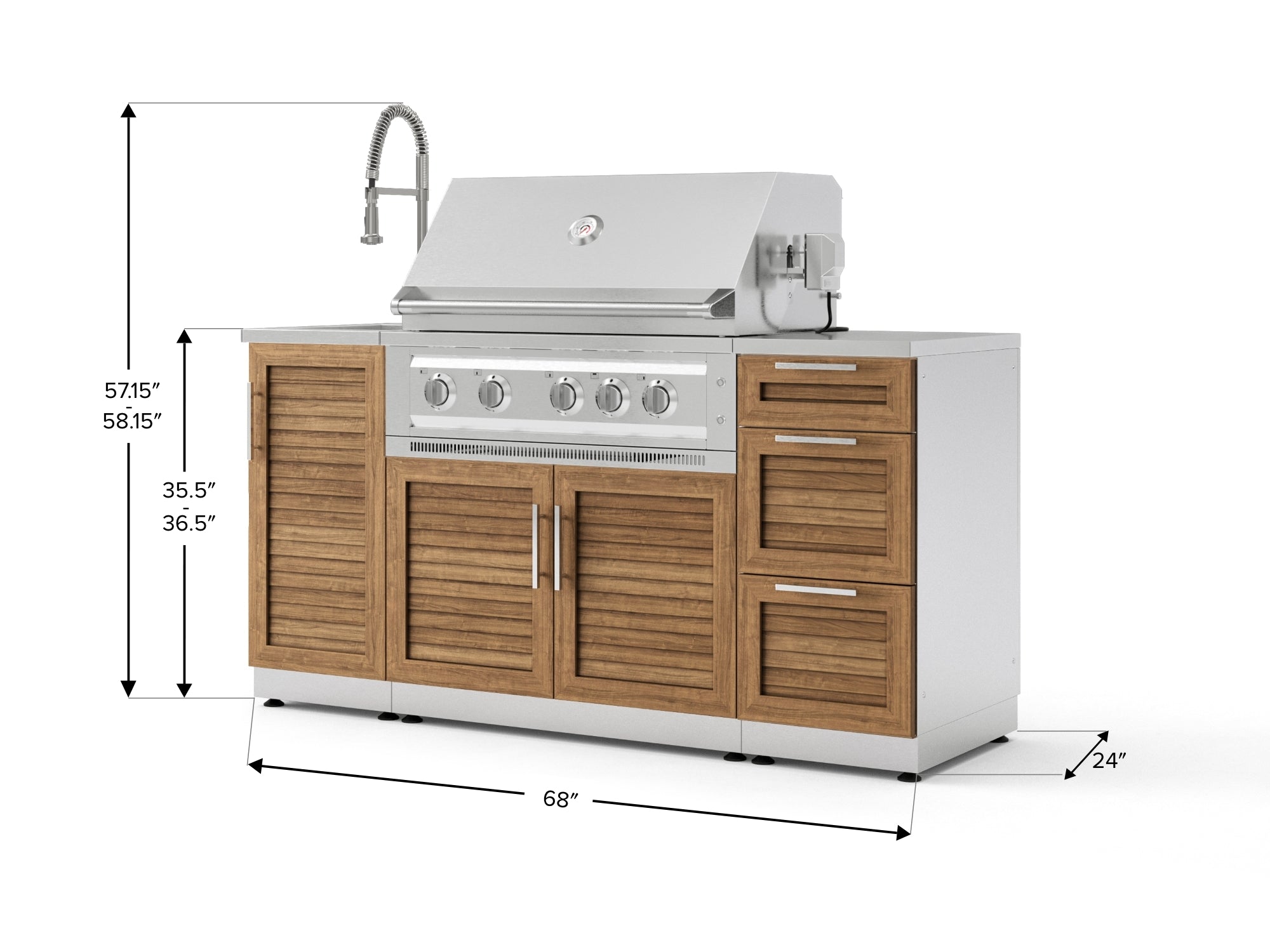 Outdoor Grill Island Stainless-Steel Louvered 5 Piece Cabinet Set with Sink, 3 Drawer, Grill Cabinet, Platinum Grill and Countertop