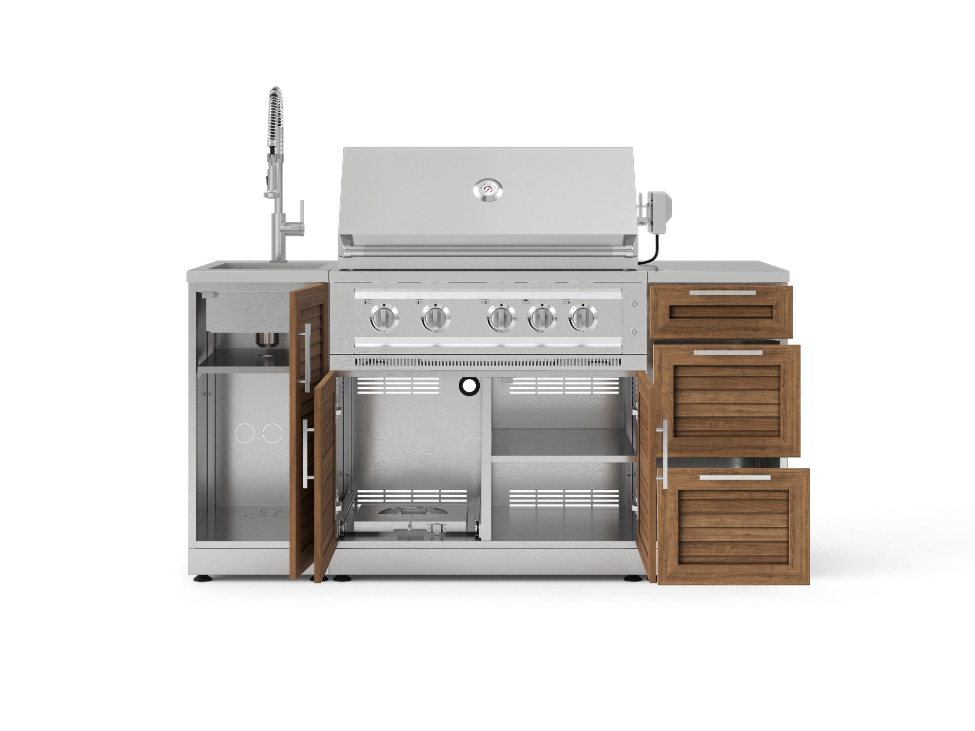 Outdoor Grill Island Stainless-Steel Louvered 5 Piece Cabinet Set with Sink, 3 Drawer, Grill Cabinet, Platinum Grill and Countertop
