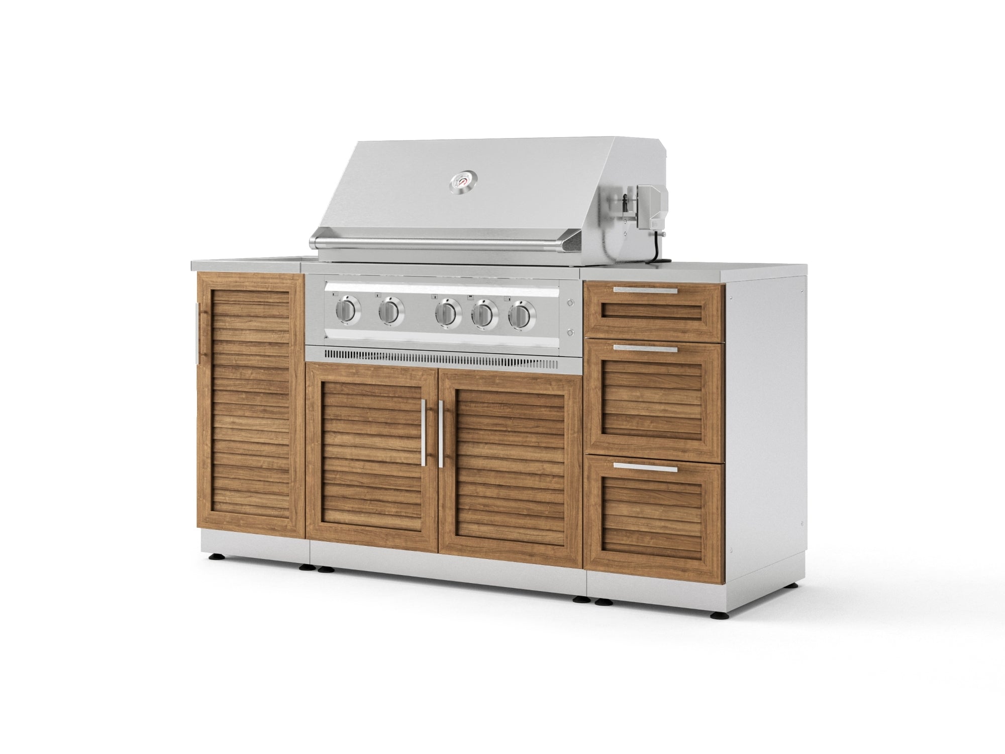 Outdoor Grill Island Stainless-Steel Louvered 5 Piece Cabinet Set with Sink, 3 Drawer, Grill Cabinet, Platinum Grill and Countertop