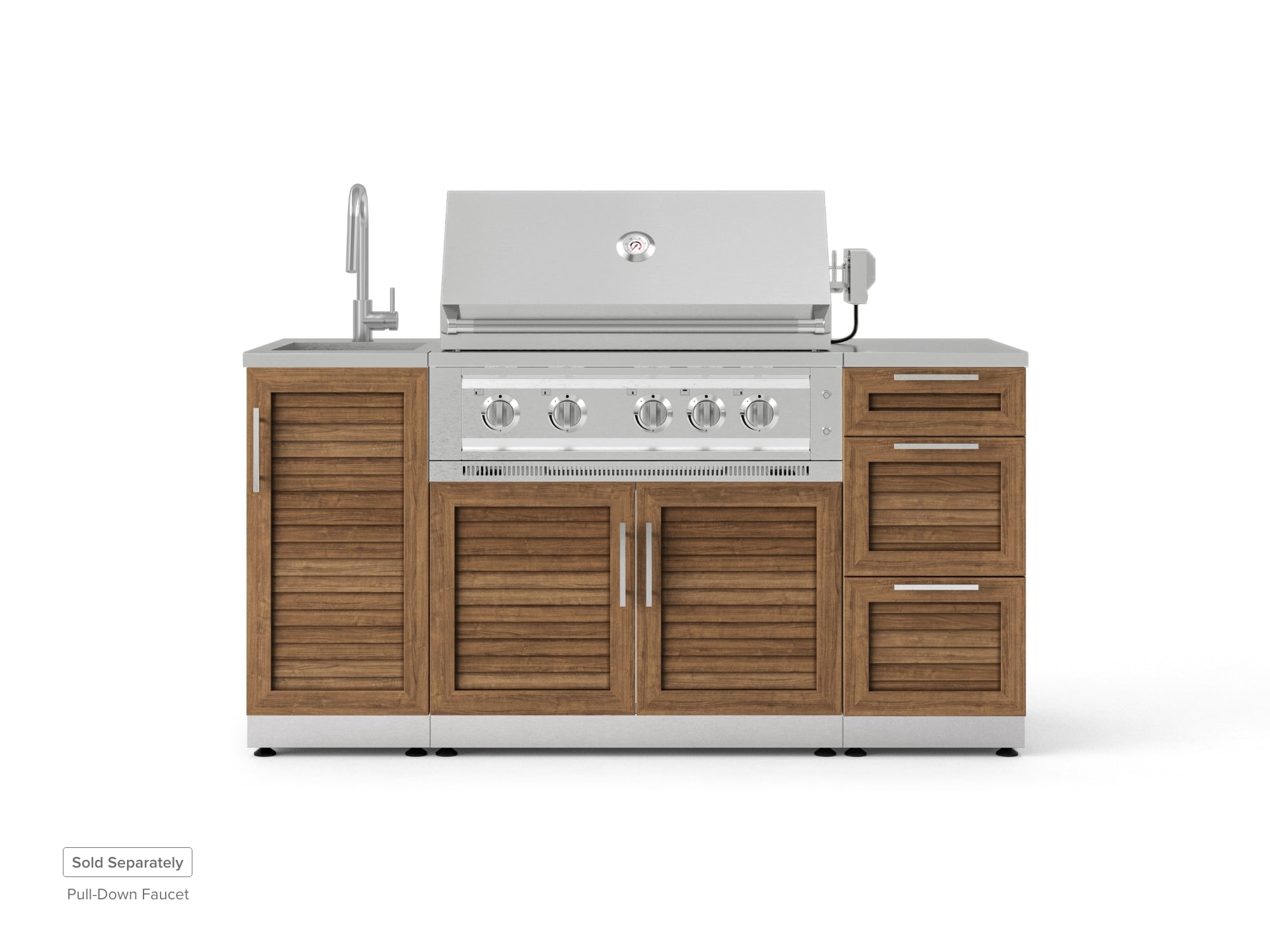 Outdoor Grill Island Stainless-Steel Louvered 5 Piece Cabinet Set with Sink, 3 Drawer, Grill Cabinet, Platinum Grill and Countertop