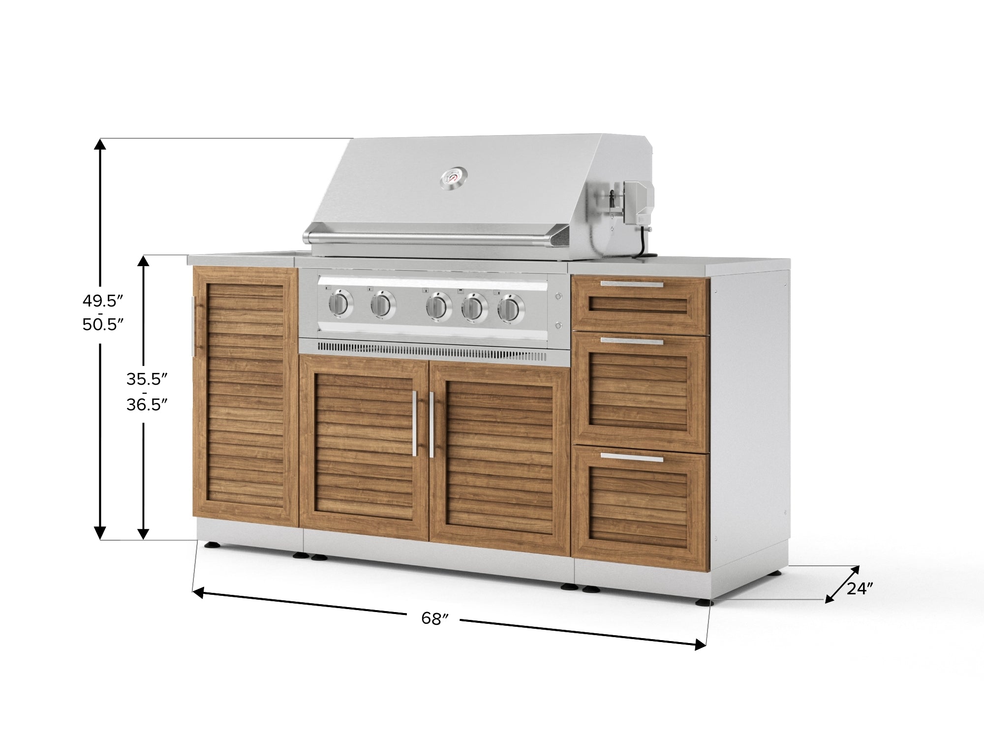 Outdoor Grill Island Stainless-Steel Louvered 5 Piece Cabinet Set with Sink, 3 Drawer, Grill Cabinet, Platinum Grill and Countertop