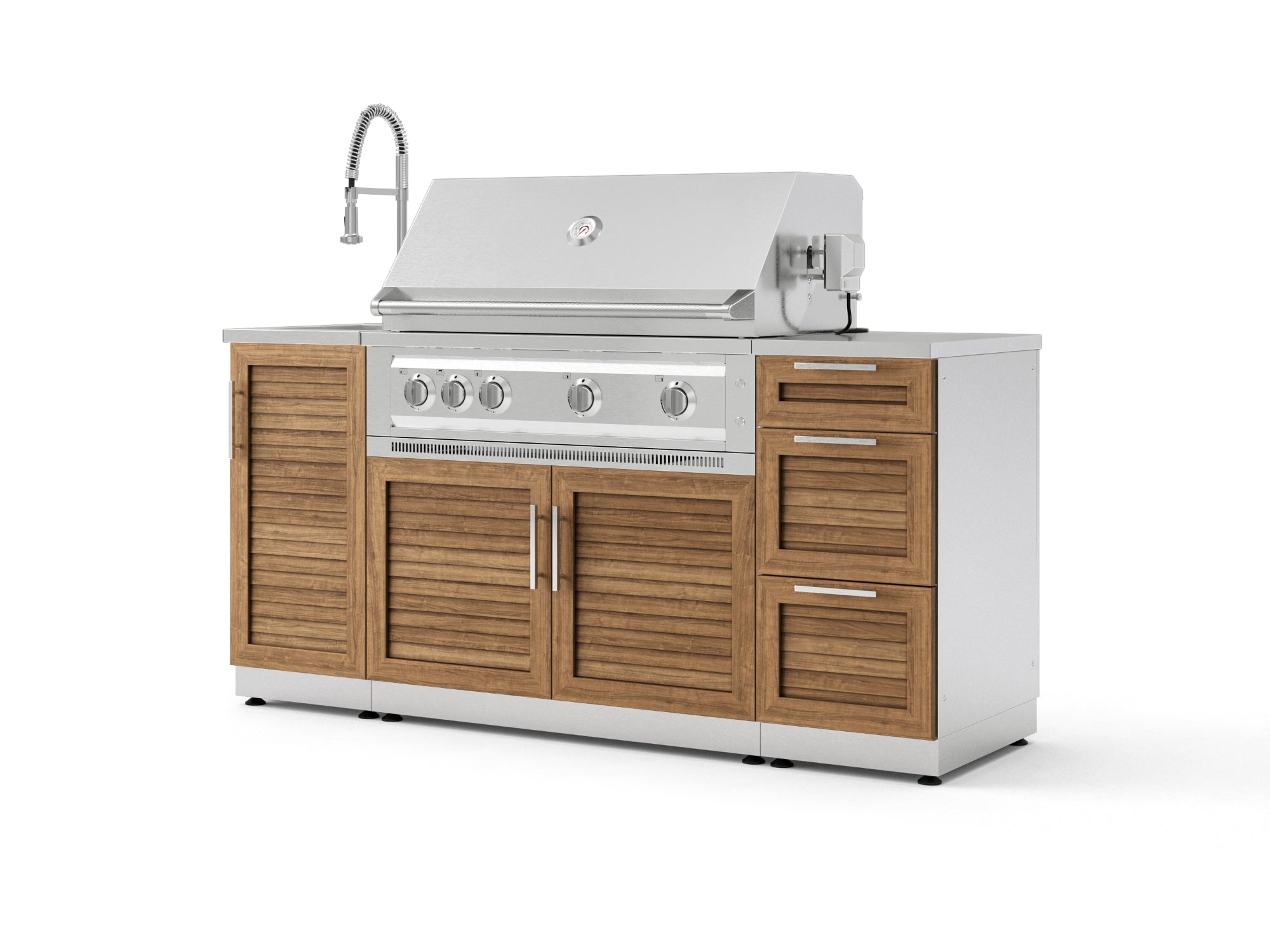 Outdoor Grill Island Stainless-Steel Louvered 5 Piece Cabinet Set with Sink, 3 Drawer, Grill Cabinet, Platinum Grill and Countertop