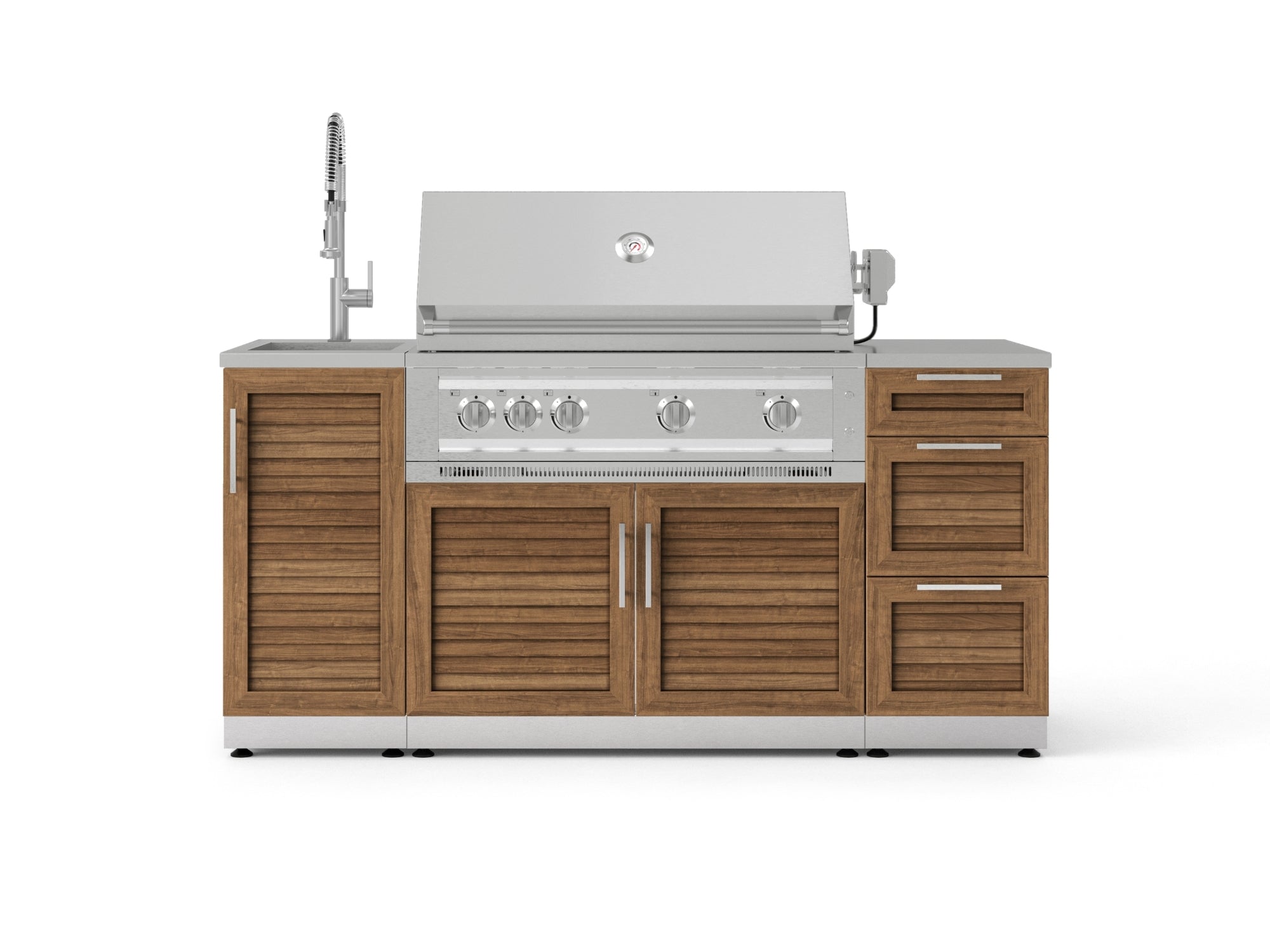 Outdoor Grill Island Stainless-Steel Louvered 5 Piece Cabinet Set with Sink, 3 Drawer, Grill Cabinet, Platinum Grill and Countertop