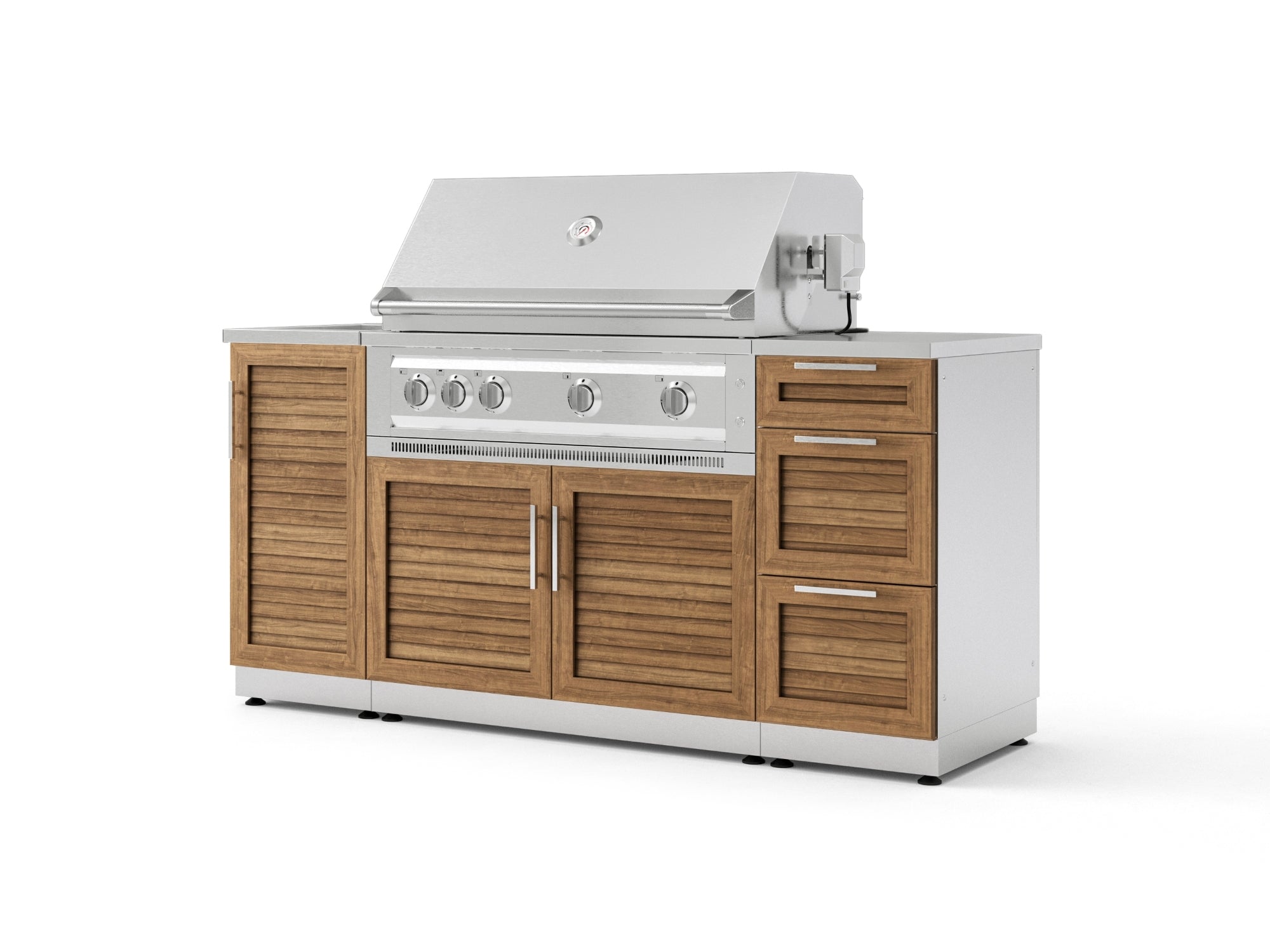 Outdoor Grill Island Stainless-Steel Louvered 5 Piece Cabinet Set with Sink, 3 Drawer, Grill Cabinet, Platinum Grill and Countertop