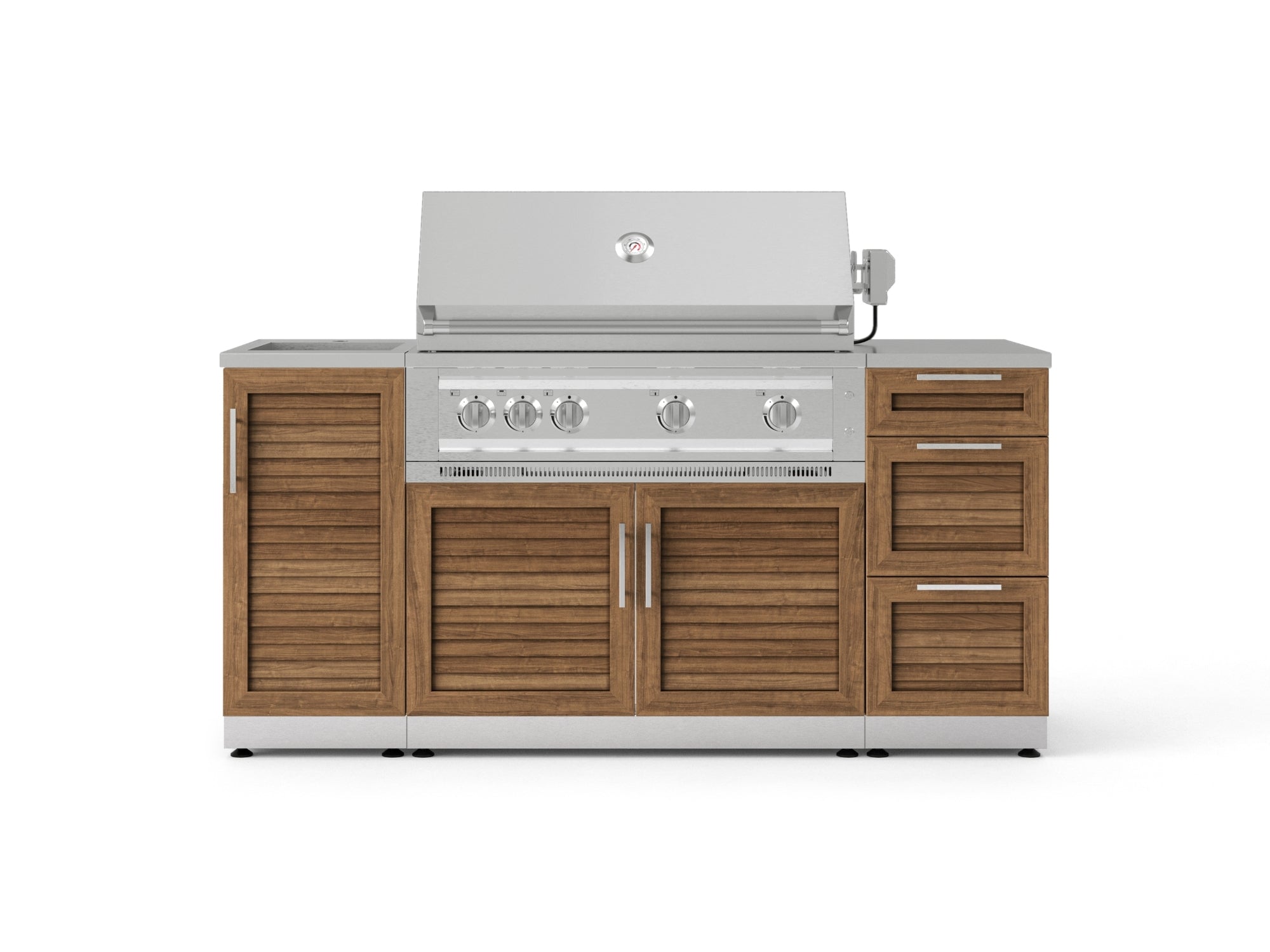 Outdoor Grill Island Stainless-Steel Louvered 5 Piece Cabinet Set with Sink, 3 Drawer, Grill Cabinet, Platinum Grill and Countertop