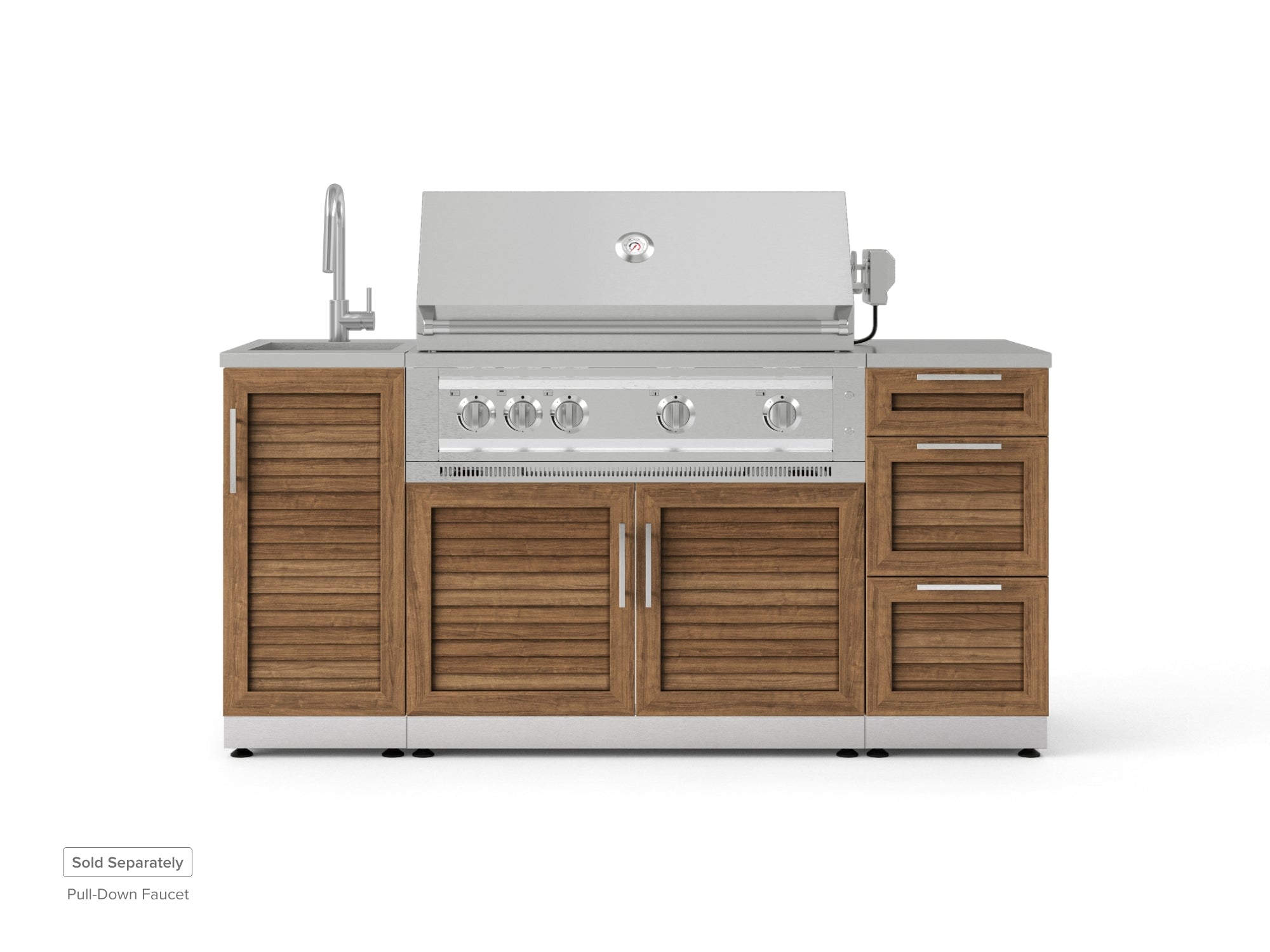 Outdoor Grill Island Stainless-Steel Louvered 5 Piece Cabinet Set with Sink, 3 Drawer, Grill Cabinet, Platinum Grill and Countertop