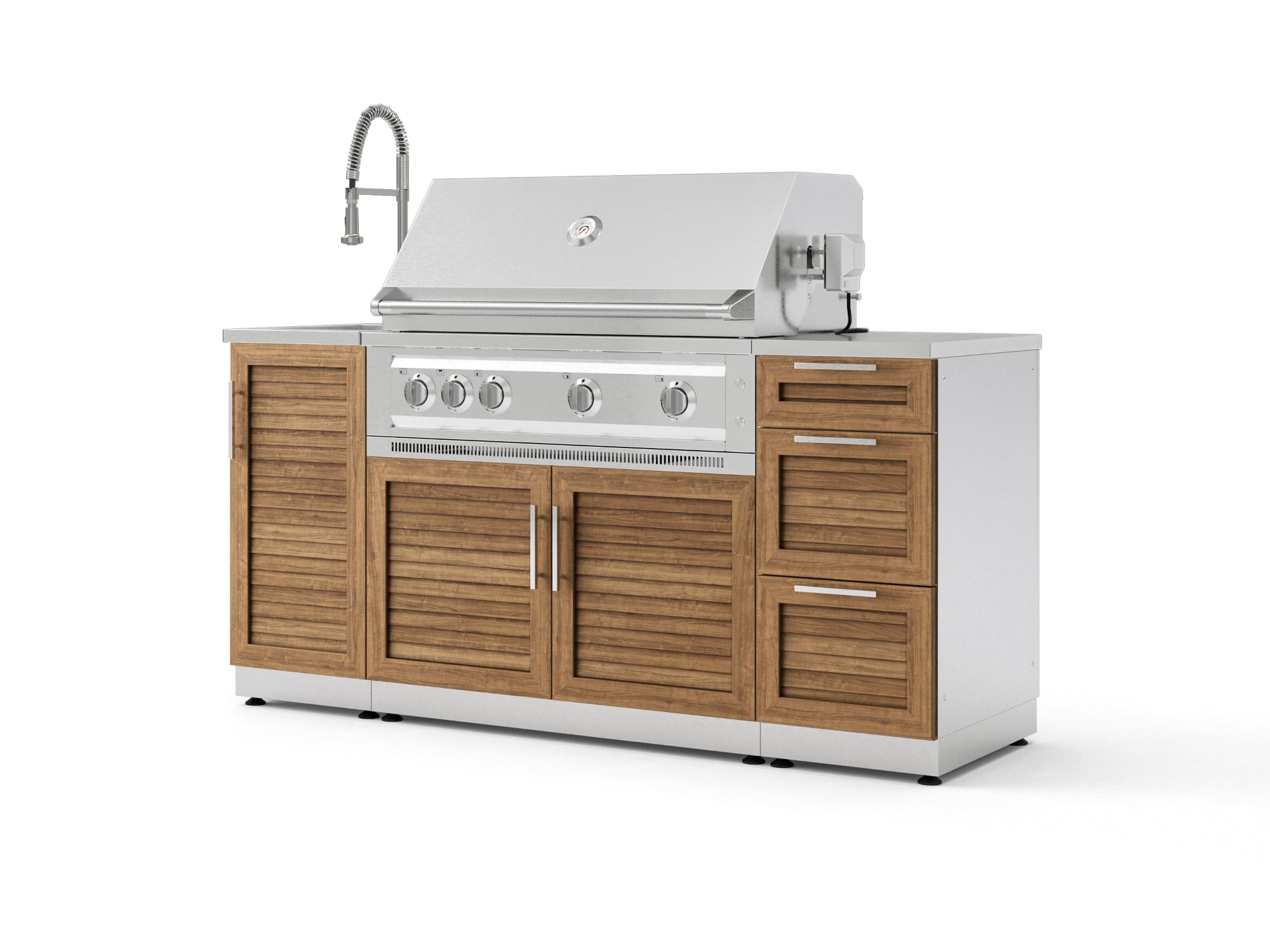 Outdoor Grill Island Stainless-Steel Louvered 5 Piece Cabinet Set with Sink, 3 Drawer, Grill Cabinet, Platinum Grill and Countertop