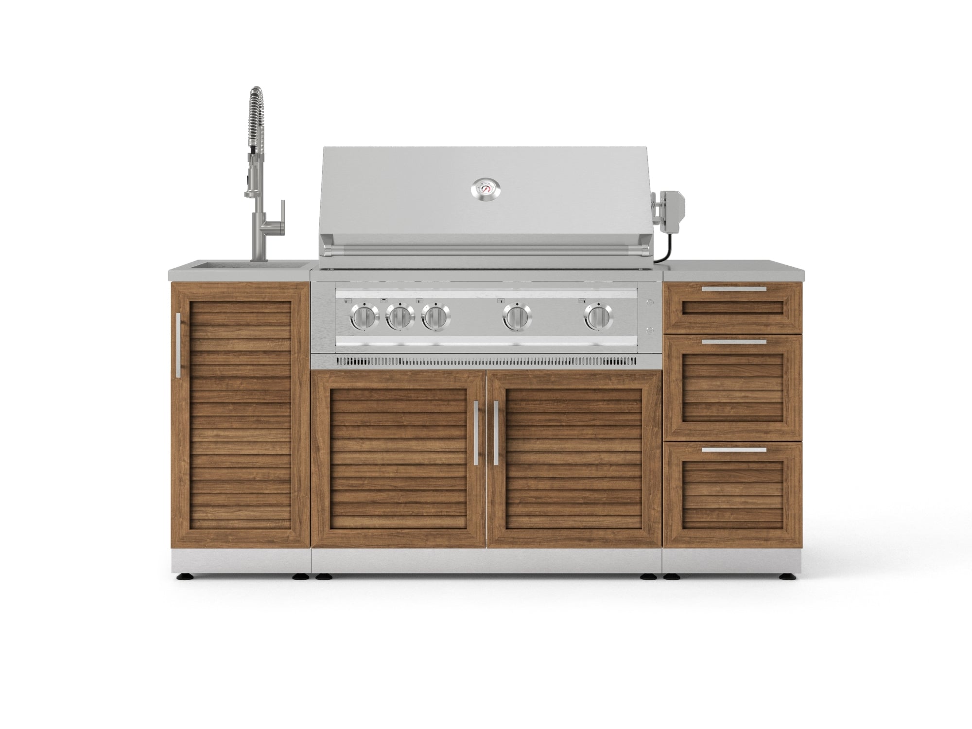 Outdoor Grill Island Stainless-Steel Louvered 5 Piece Cabinet Set with Sink, 3 Drawer, Grill Cabinet, Platinum Grill and Countertop