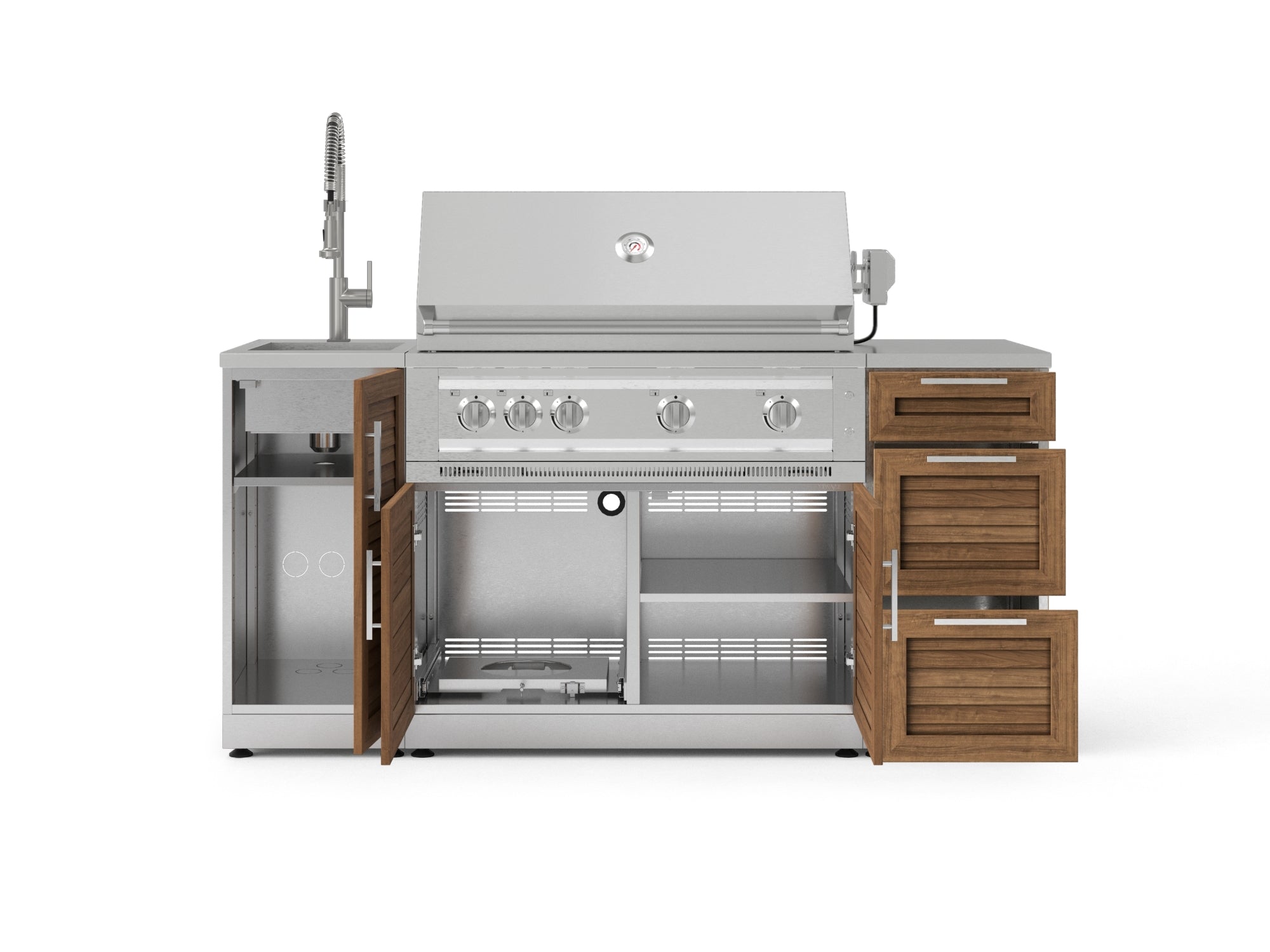 Outdoor Grill Island Stainless-Steel Louvered 5 Piece Cabinet Set with Sink, 3 Drawer, Grill Cabinet, Platinum Grill and Countertop