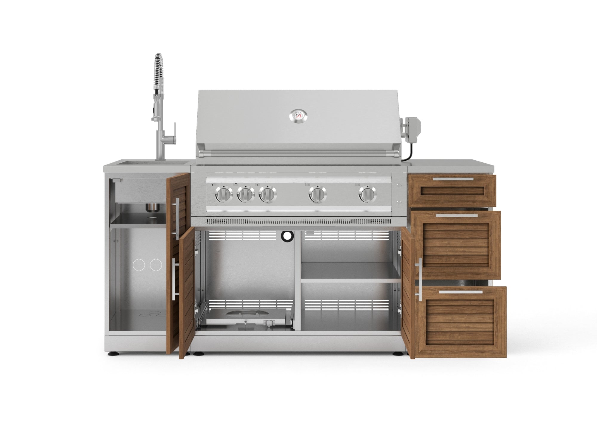 Outdoor Grill Island Stainless-Steel Louvered 5 Piece Cabinet Set with Sink, 3 Drawer, Grill Cabinet, Platinum Grill and Countertop