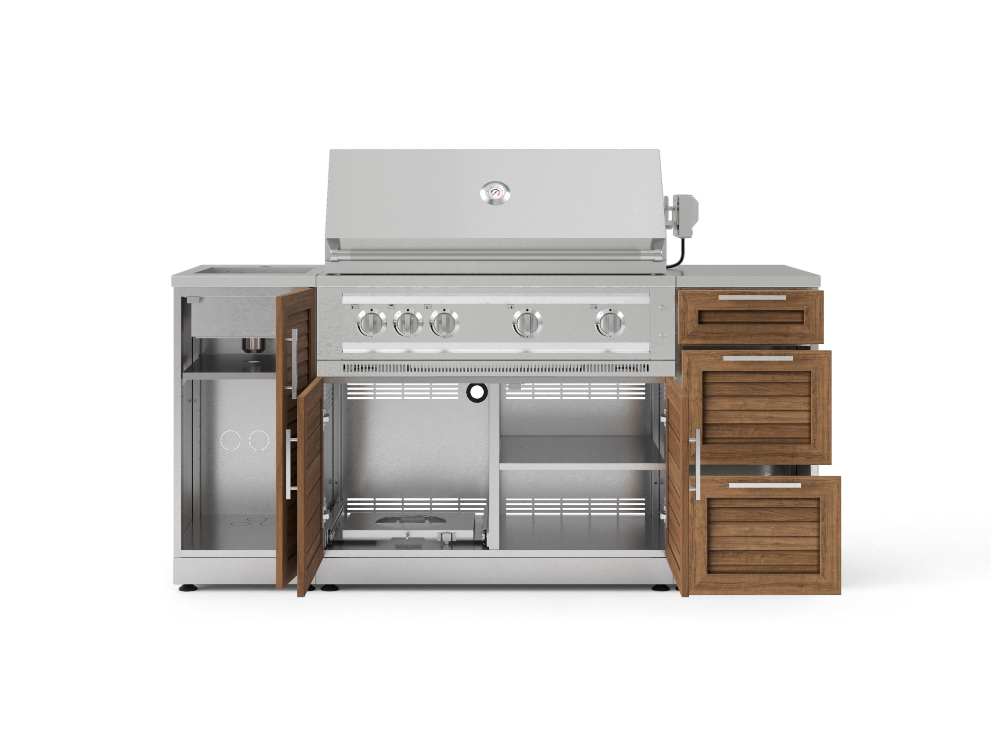 Outdoor Grill Island Stainless-Steel Louvered 5 Piece Cabinet Set with Sink, 3 Drawer, Grill Cabinet, Platinum Grill and Countertop