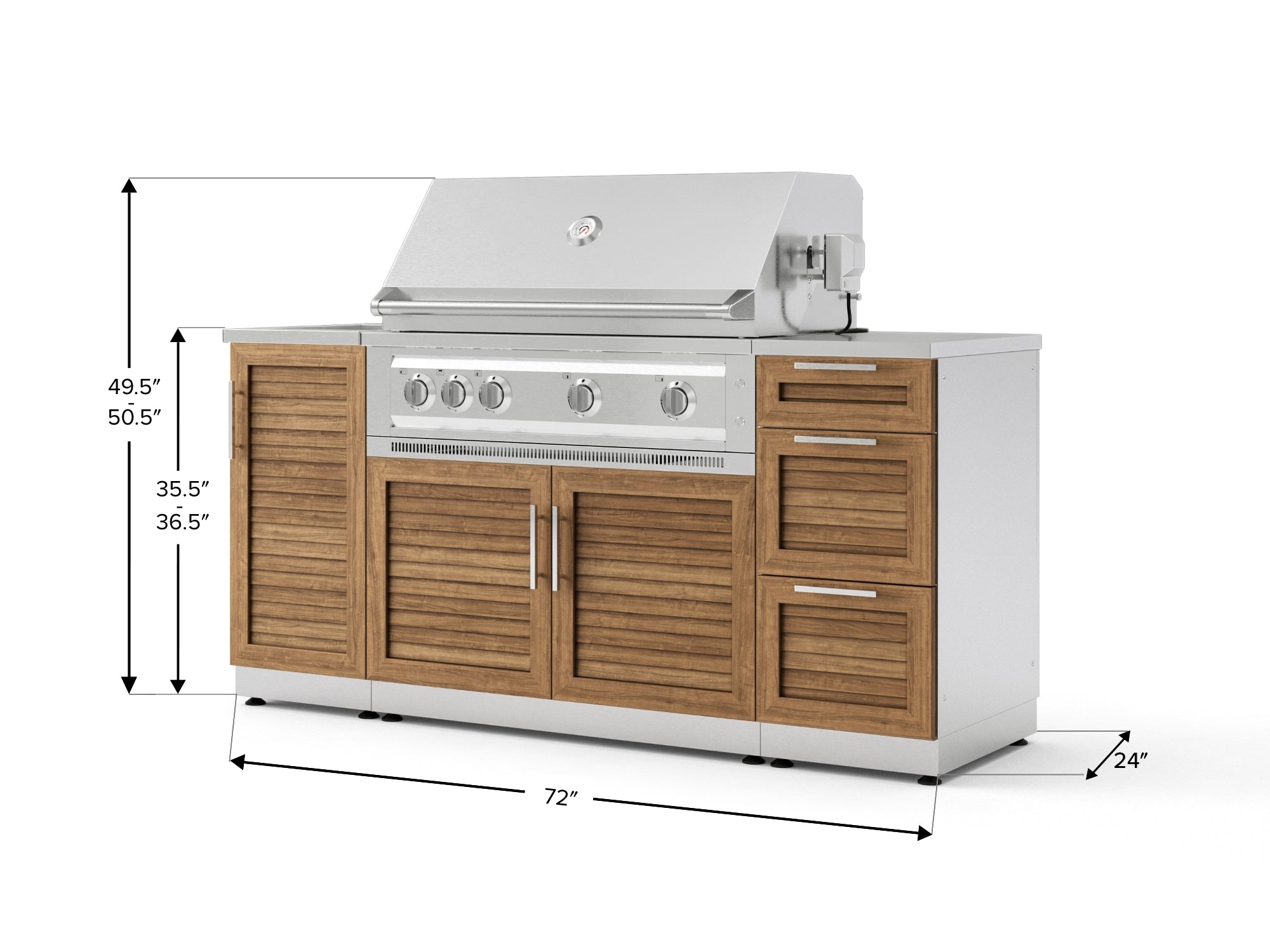 Outdoor Grill Island Stainless-Steel Louvered 5 Piece Cabinet Set with Sink, 3 Drawer, Grill Cabinet, Platinum Grill and Countertop