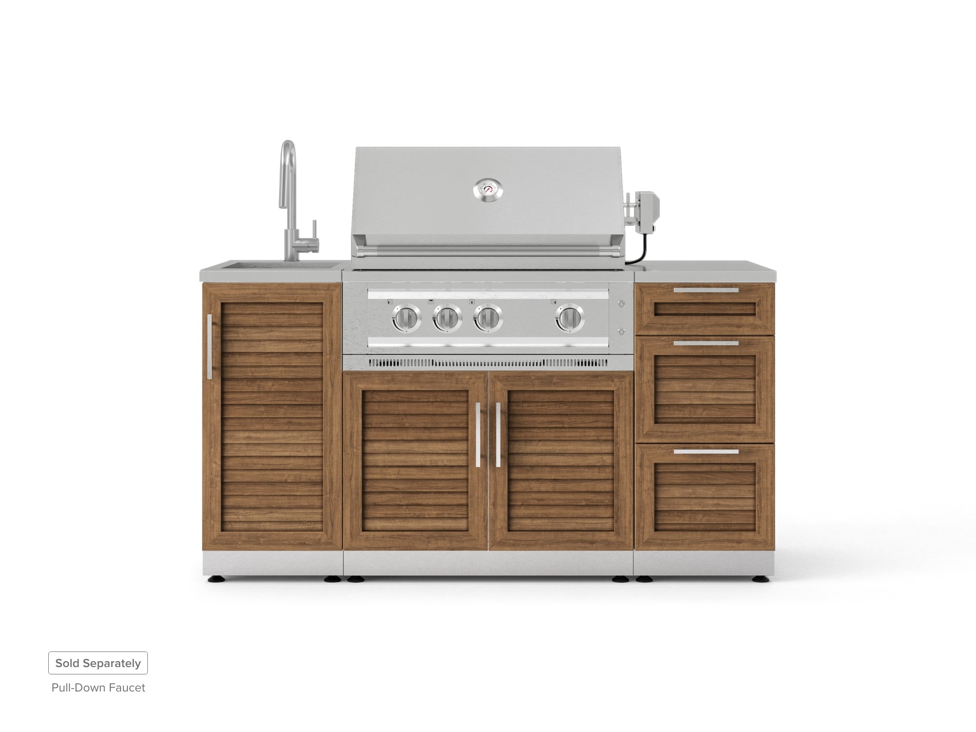 Outdoor Grill Island Stainless-Steel Louvered 5 Piece Cabinet Set with Sink, 3 Drawer, Grill Cabinet, Platinum Grill and Countertop