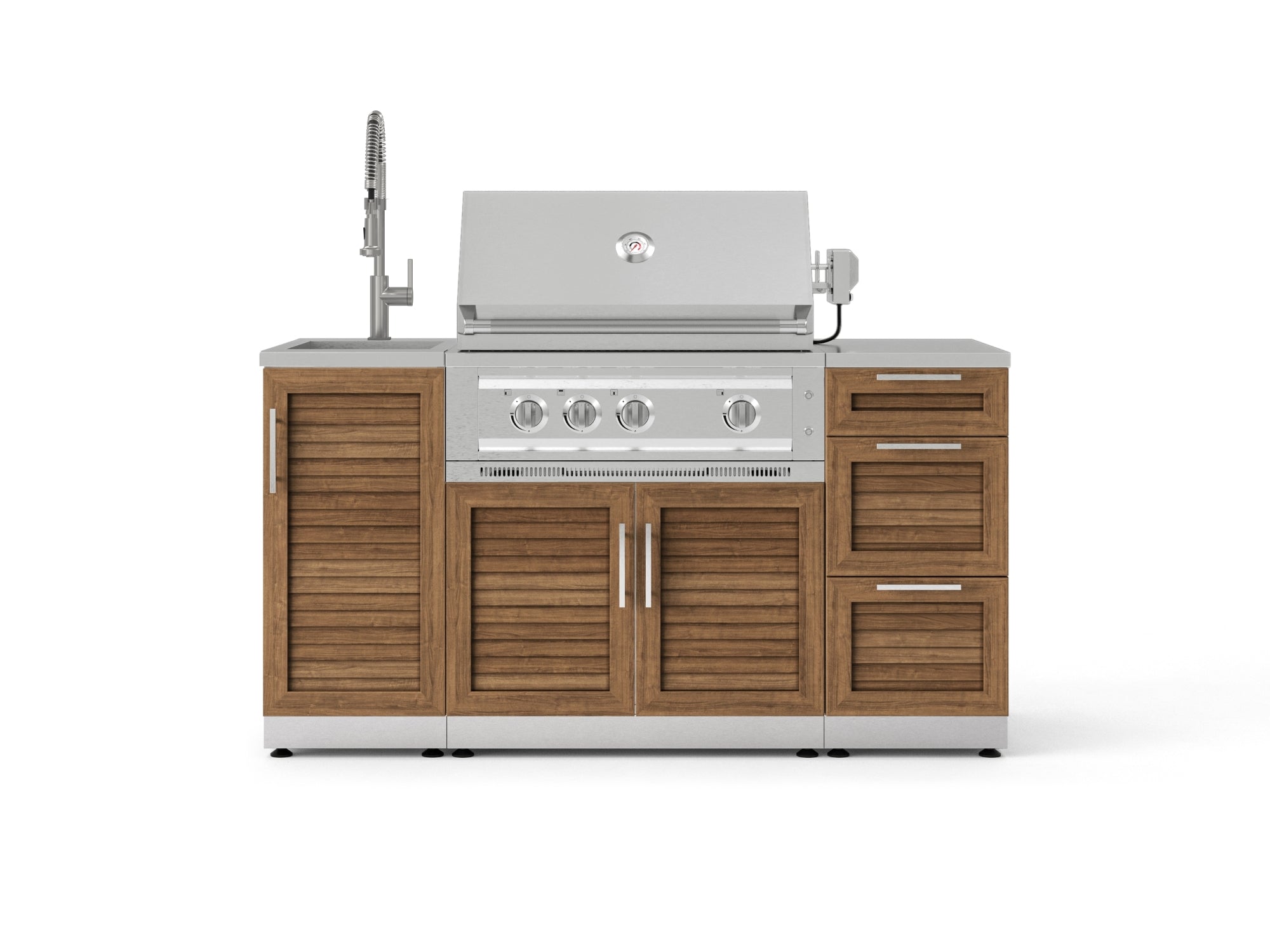 Outdoor Grill Island Stainless-Steel Louvered 5 Piece Cabinet Set with Sink, 3 Drawer, Grill Cabinet, Platinum Grill and Countertop