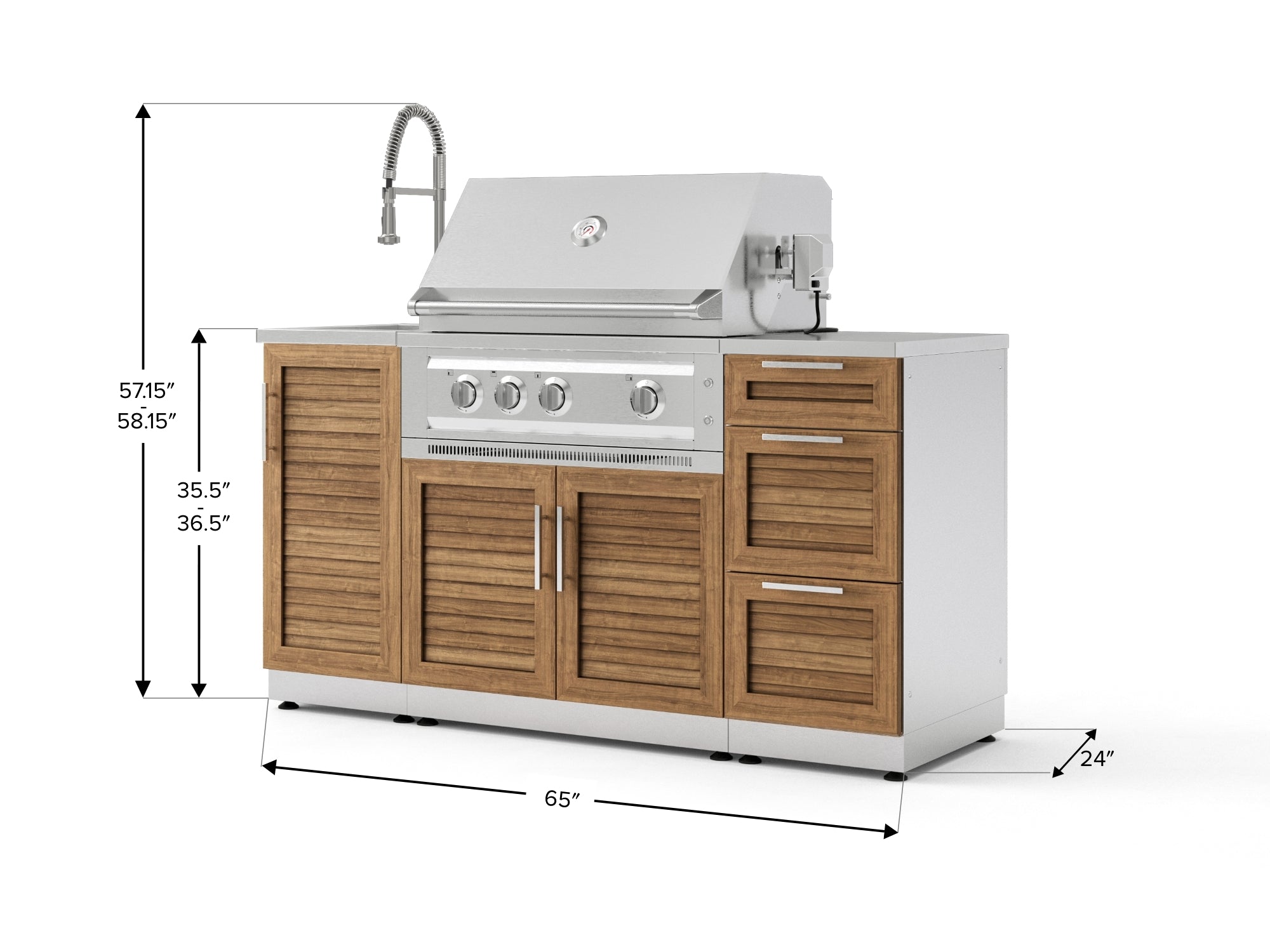 Outdoor Grill Island Stainless-Steel Louvered 5 Piece Cabinet Set with Sink, 3 Drawer, Grill Cabinet, Platinum Grill and Countertop