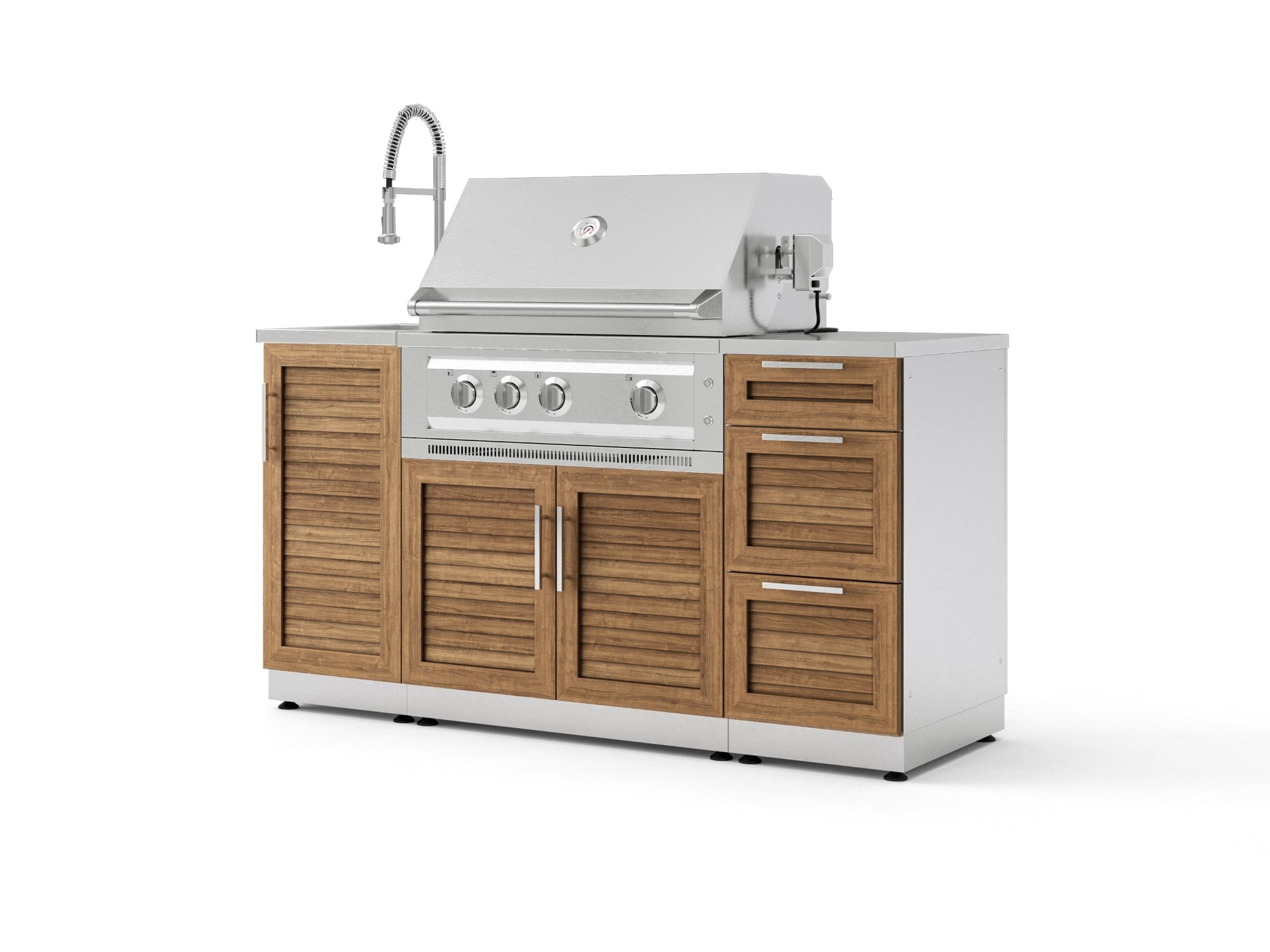 Outdoor Grill Island Stainless-Steel Louvered 5 Piece Cabinet Set with Sink, 3 Drawer, Grill Cabinet, Platinum Grill and Countertop