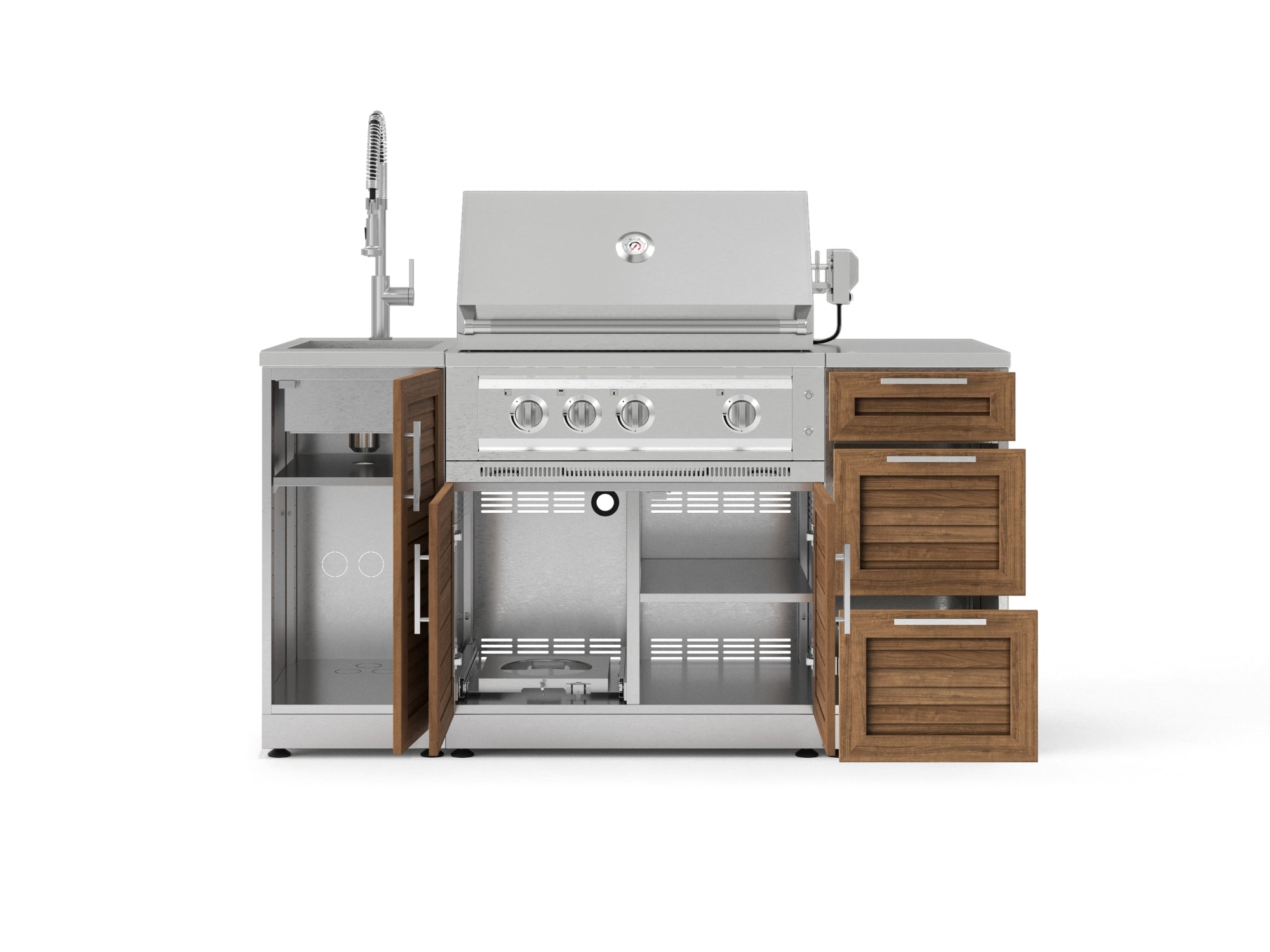 Outdoor Grill Island Stainless-Steel Louvered 5 Piece Cabinet Set with Sink, 3 Drawer, Grill Cabinet, Platinum Grill and Countertop